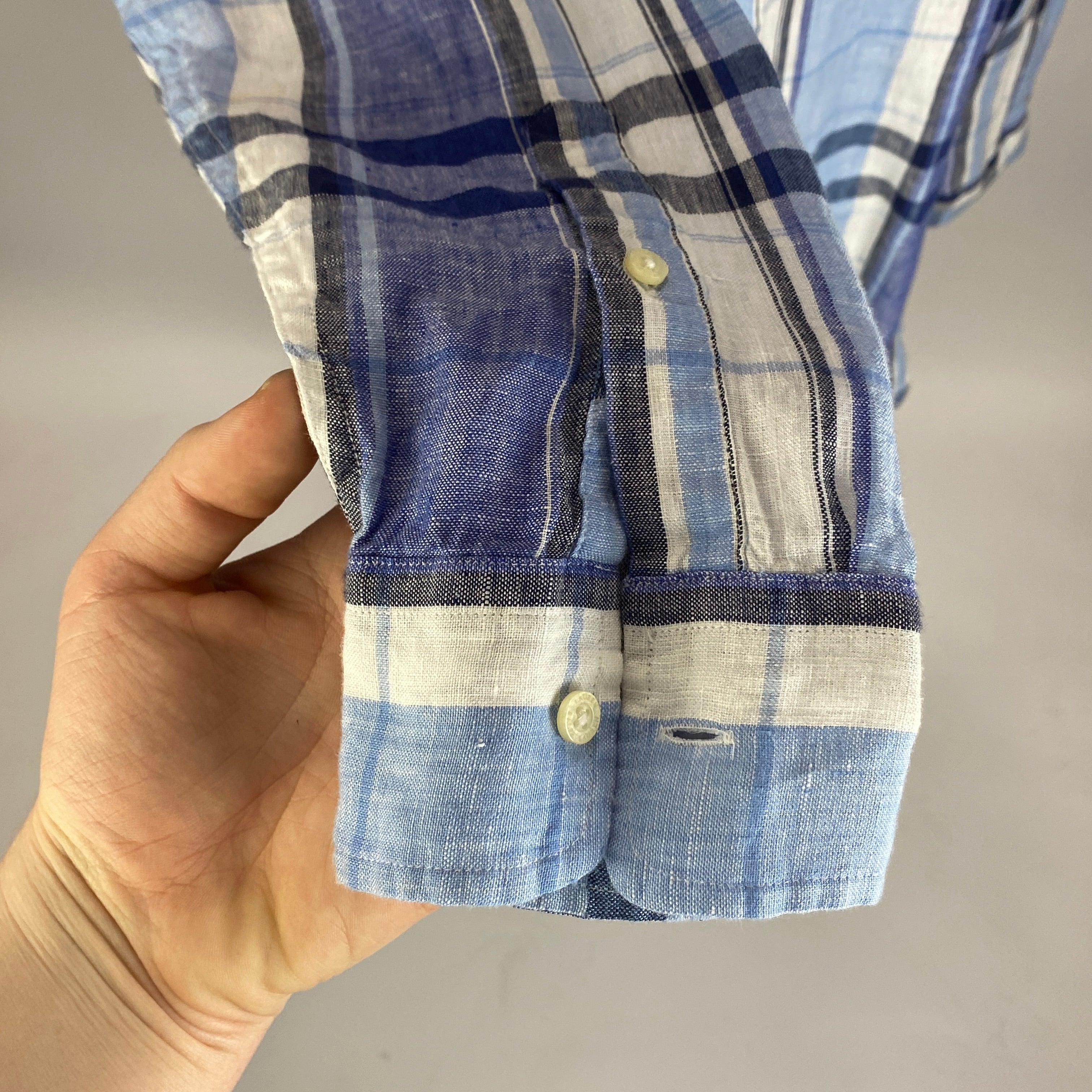 Ralph Lauren Blue Madras Check Linen Shirt with Painted Florals L