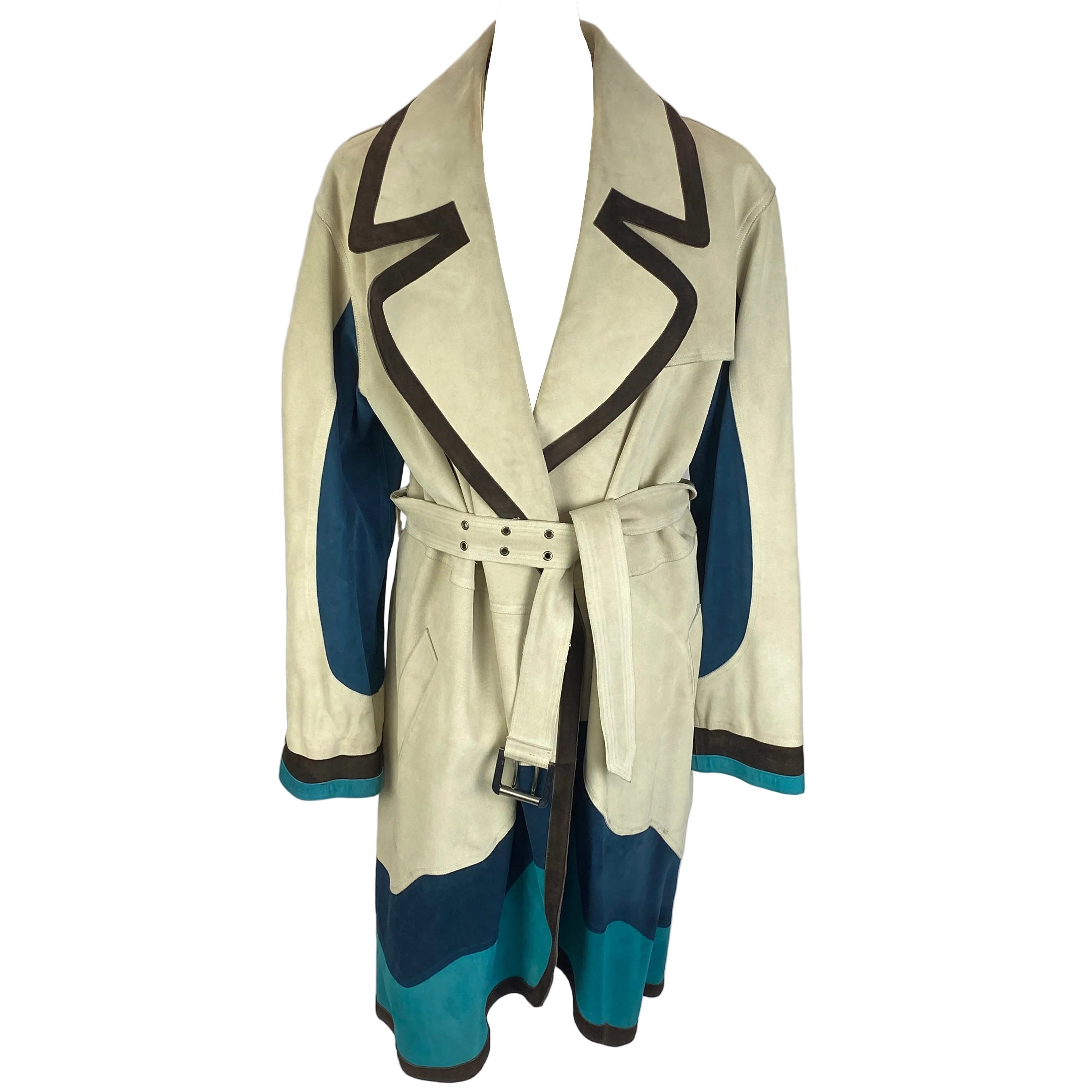 Yves Saint Laurent Cream Navy & Aqua Suede Trench Coat S