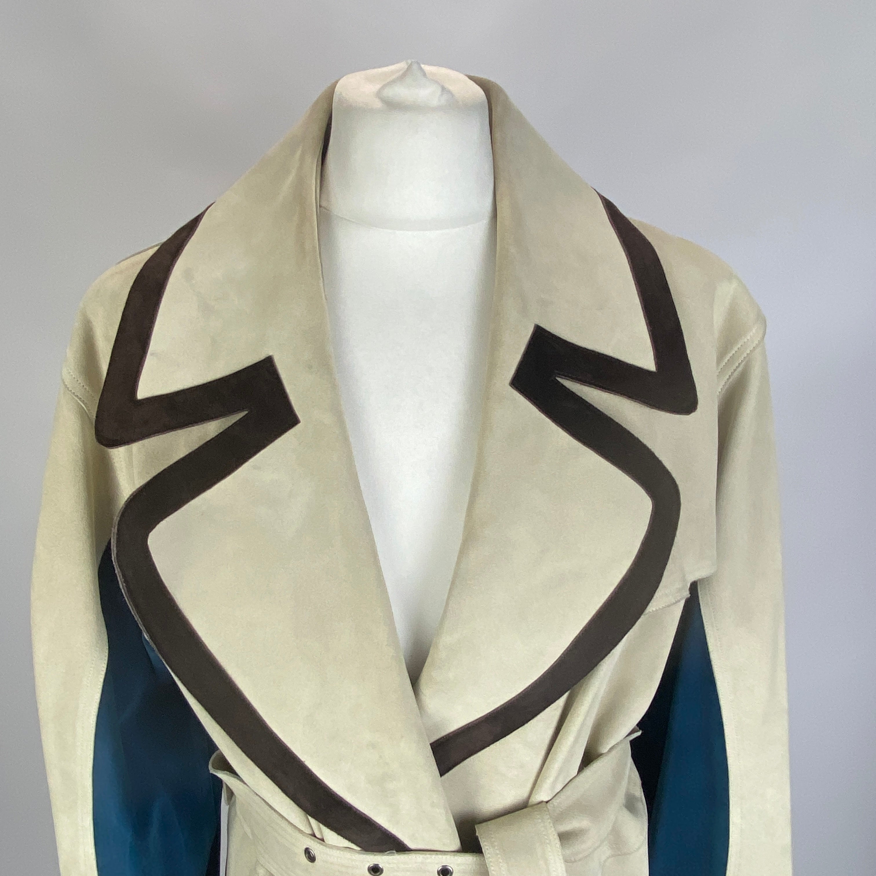 Yves Saint Laurent Cream Navy & Aqua Suede Trench Coat S