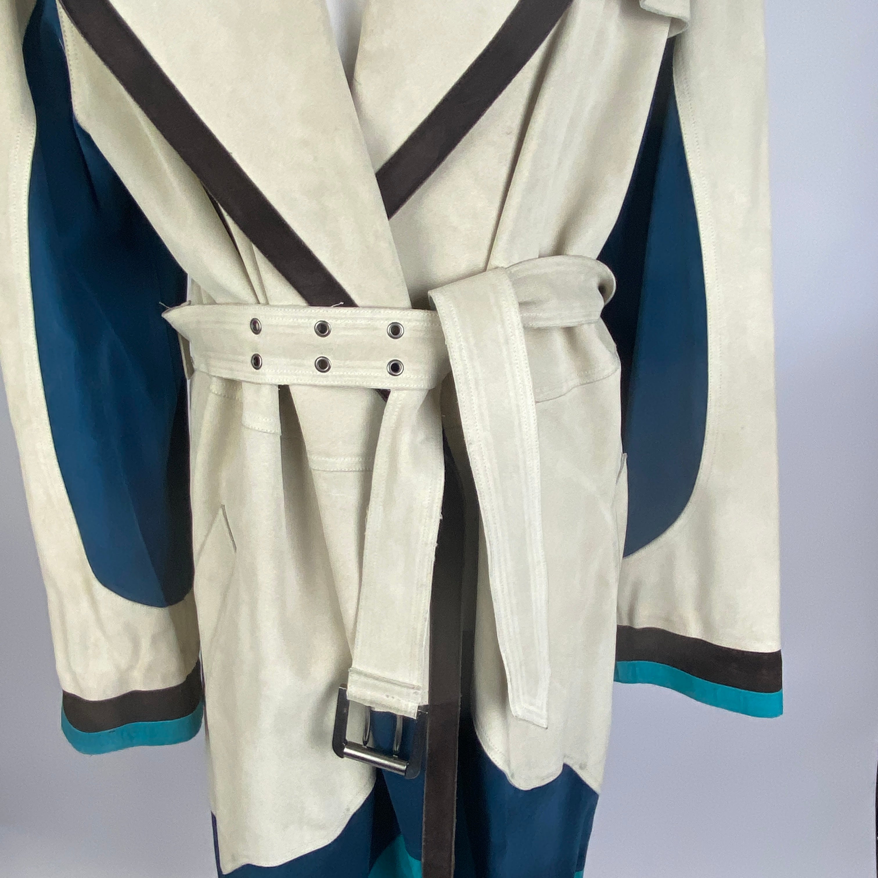 Yves Saint Laurent Cream Navy & Aqua Suede Trench Coat S