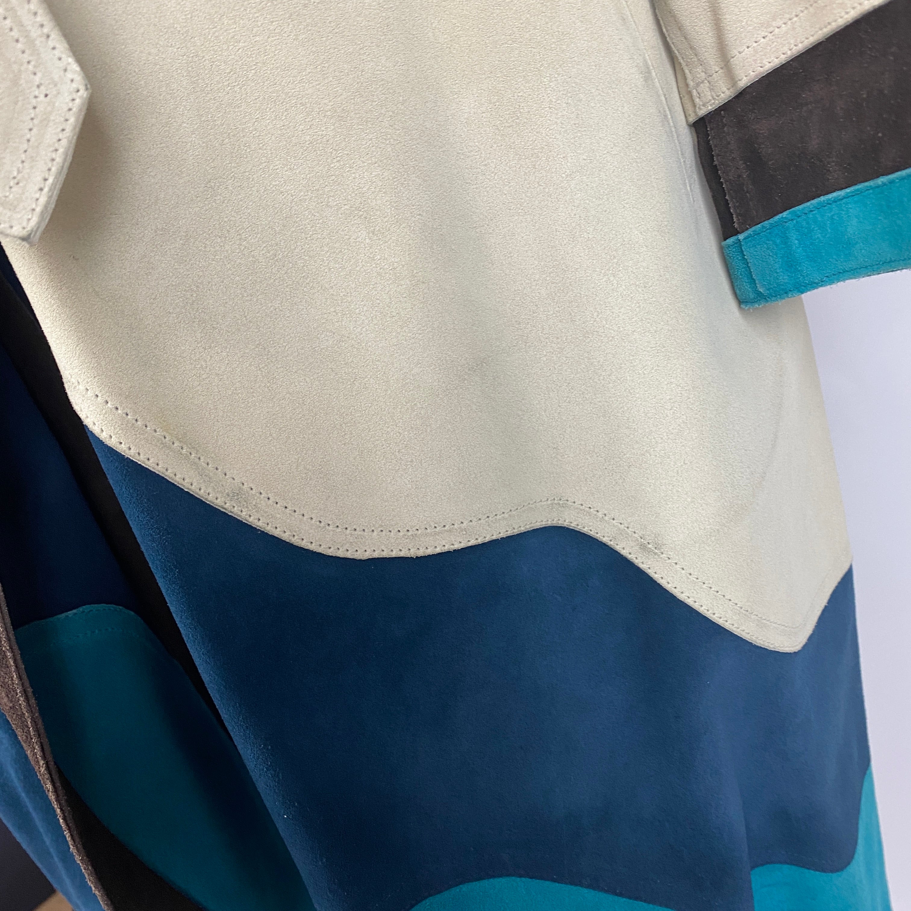 Yves Saint Laurent Cream Navy & Aqua Suede Trench Coat S