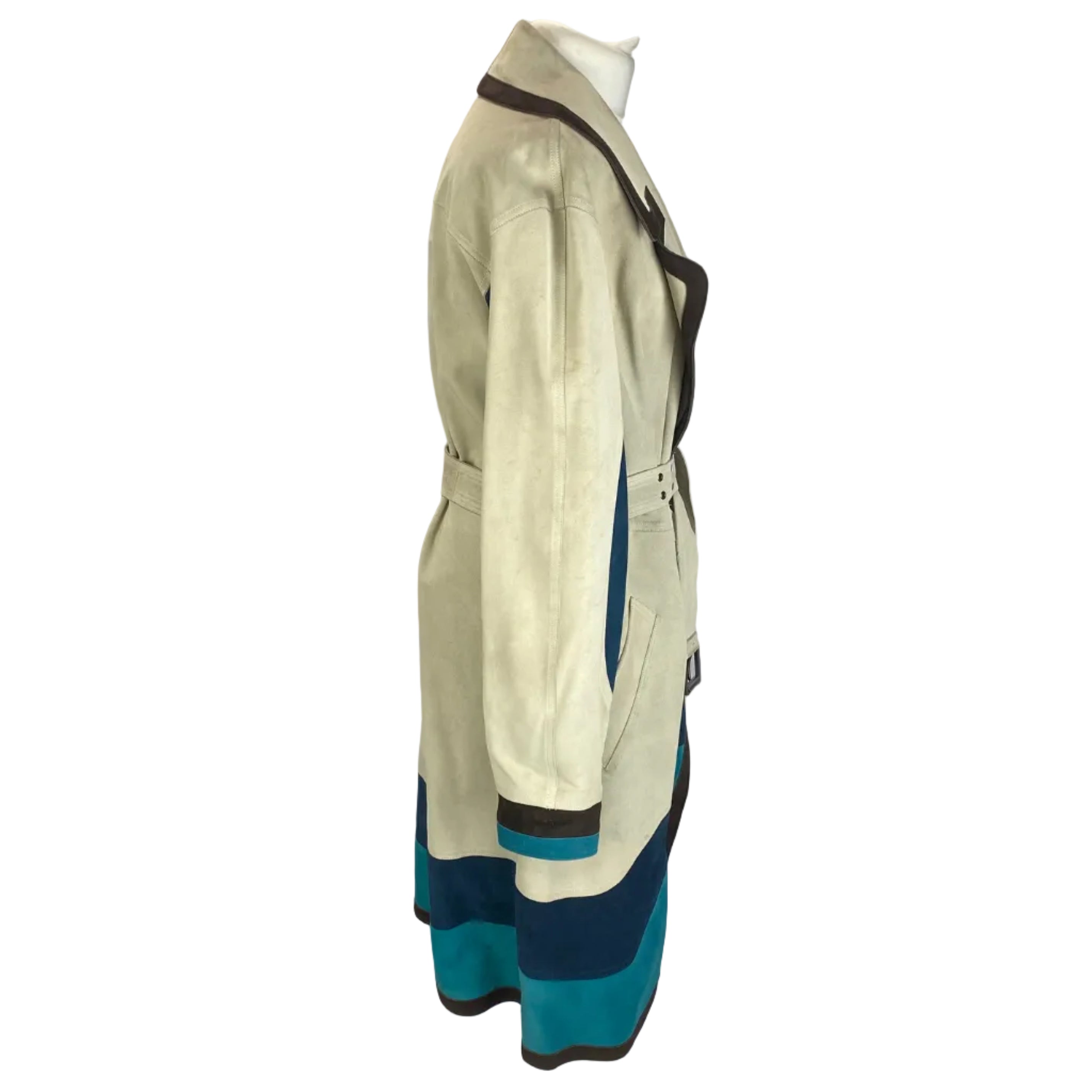 Yves Saint Laurent Cream Navy & Aqua Suede Trench Coat S