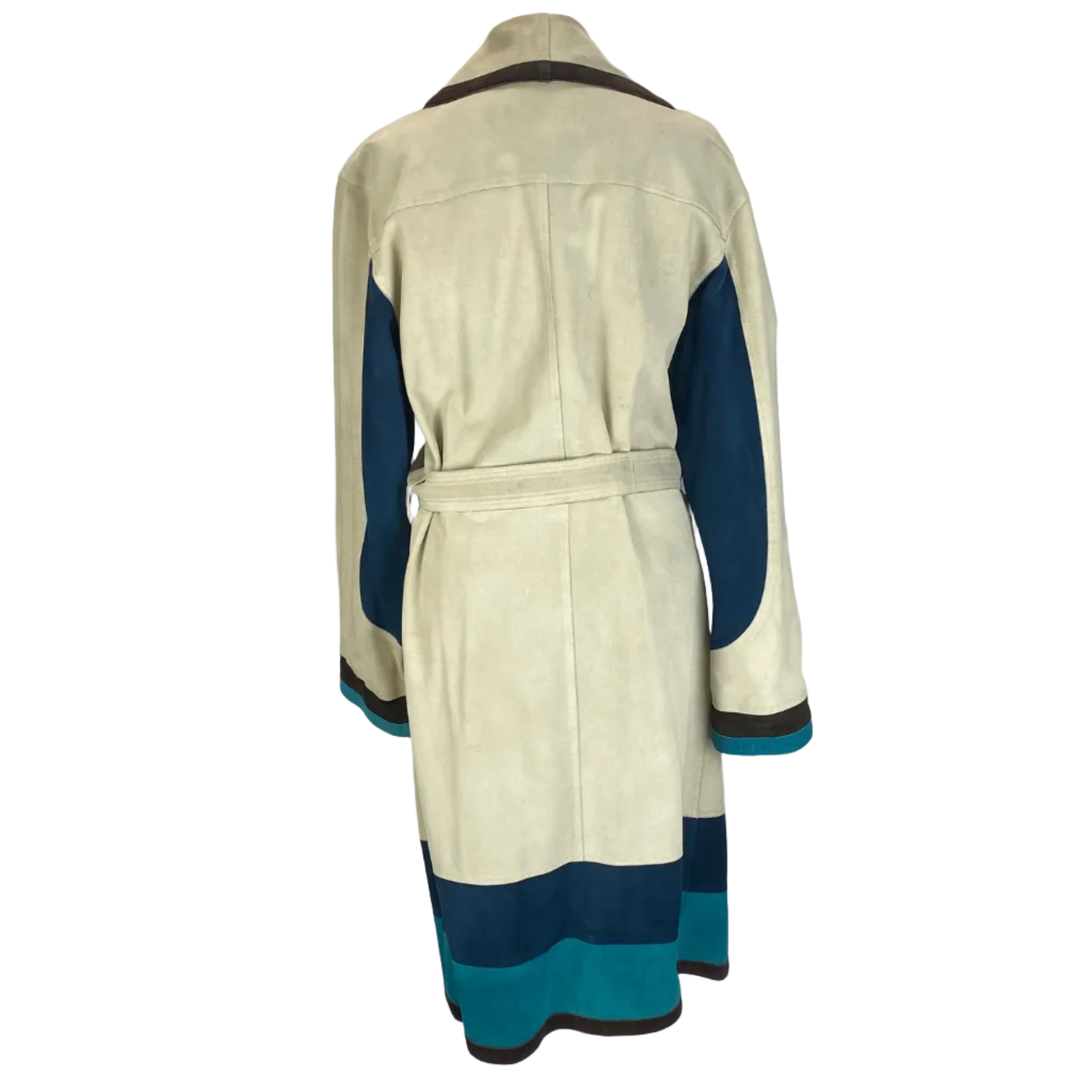 Yves Saint Laurent Cream Navy & Aqua Suede Trench Coat S