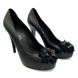 Chanel Black Lambskin & Glitter Camellia Platform Heels 39