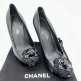 Chanel Black Lambskin & Glitter Camellia Platform Heels 39