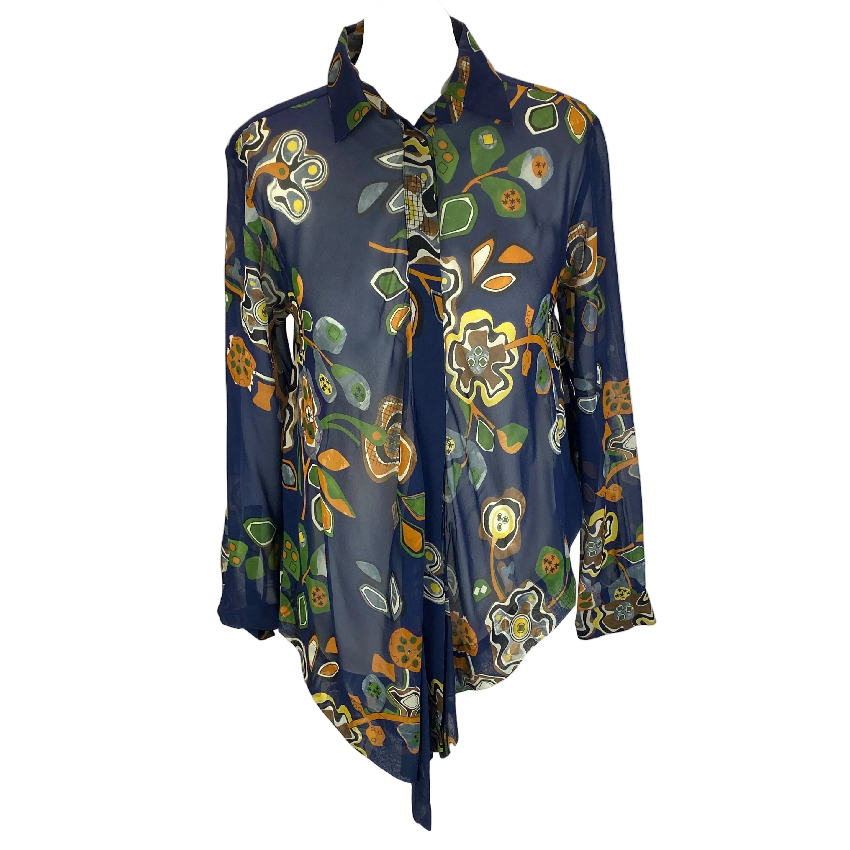 MSGM New £500 Navy Print Gauzey Silk Shirt S/M/L