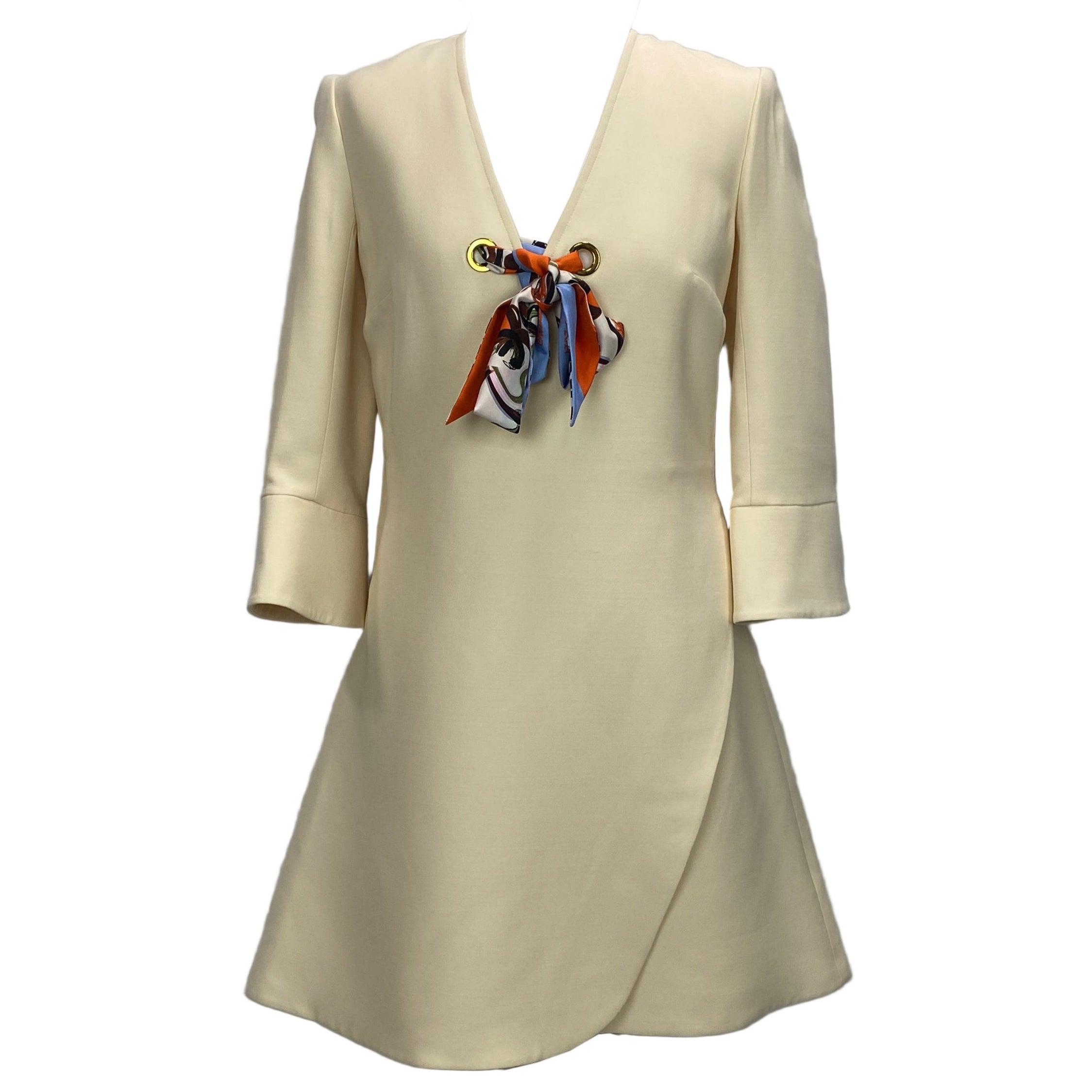 Christian Dior Cream Wool & Silk Mini Dress with Twilly Bow Tie XS