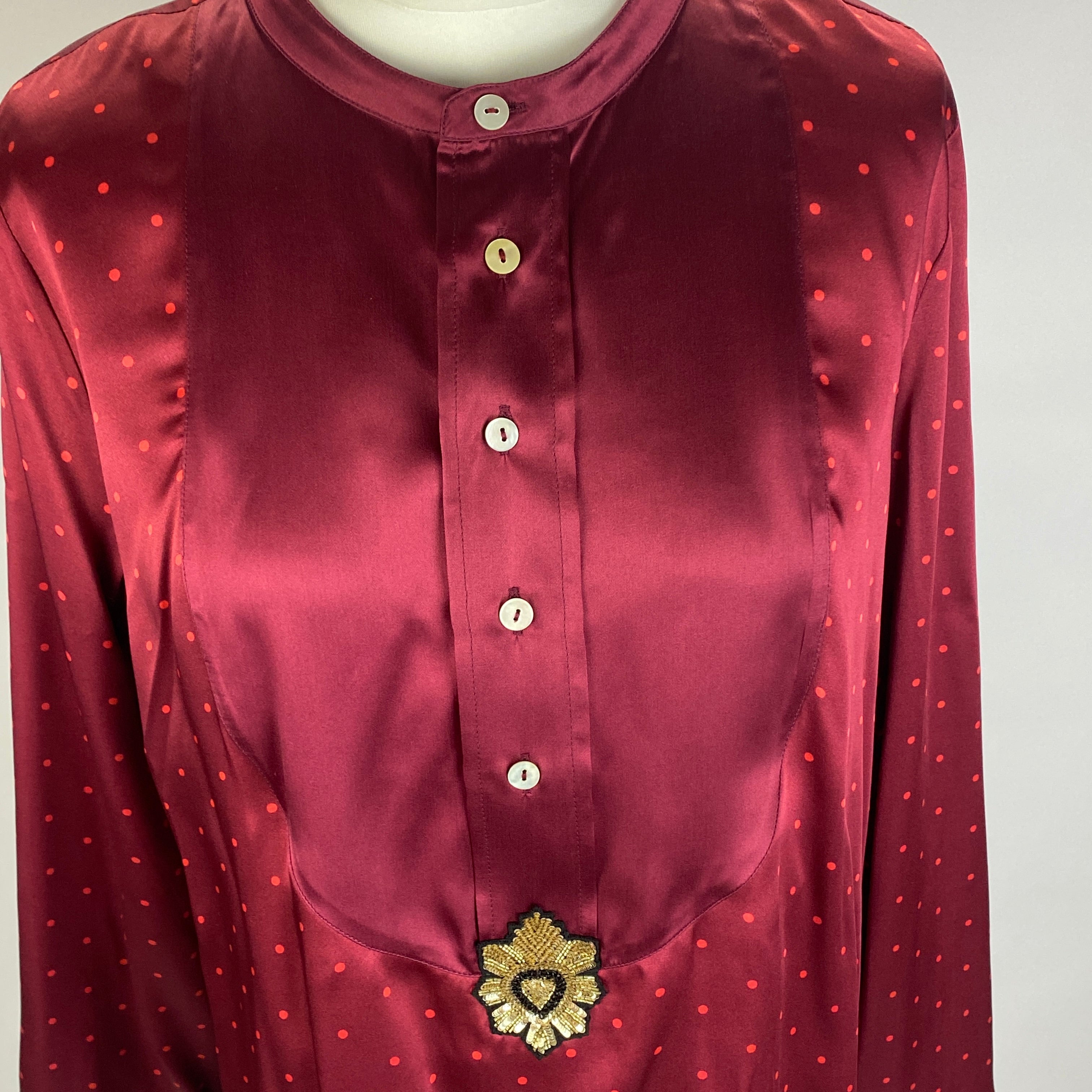 Figue New $495 Burgundy Polka Dot Milagro Tux Shirt L