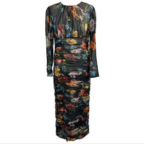 Dolce & Gabbana Black Floral Print Ruched Netting Dress L