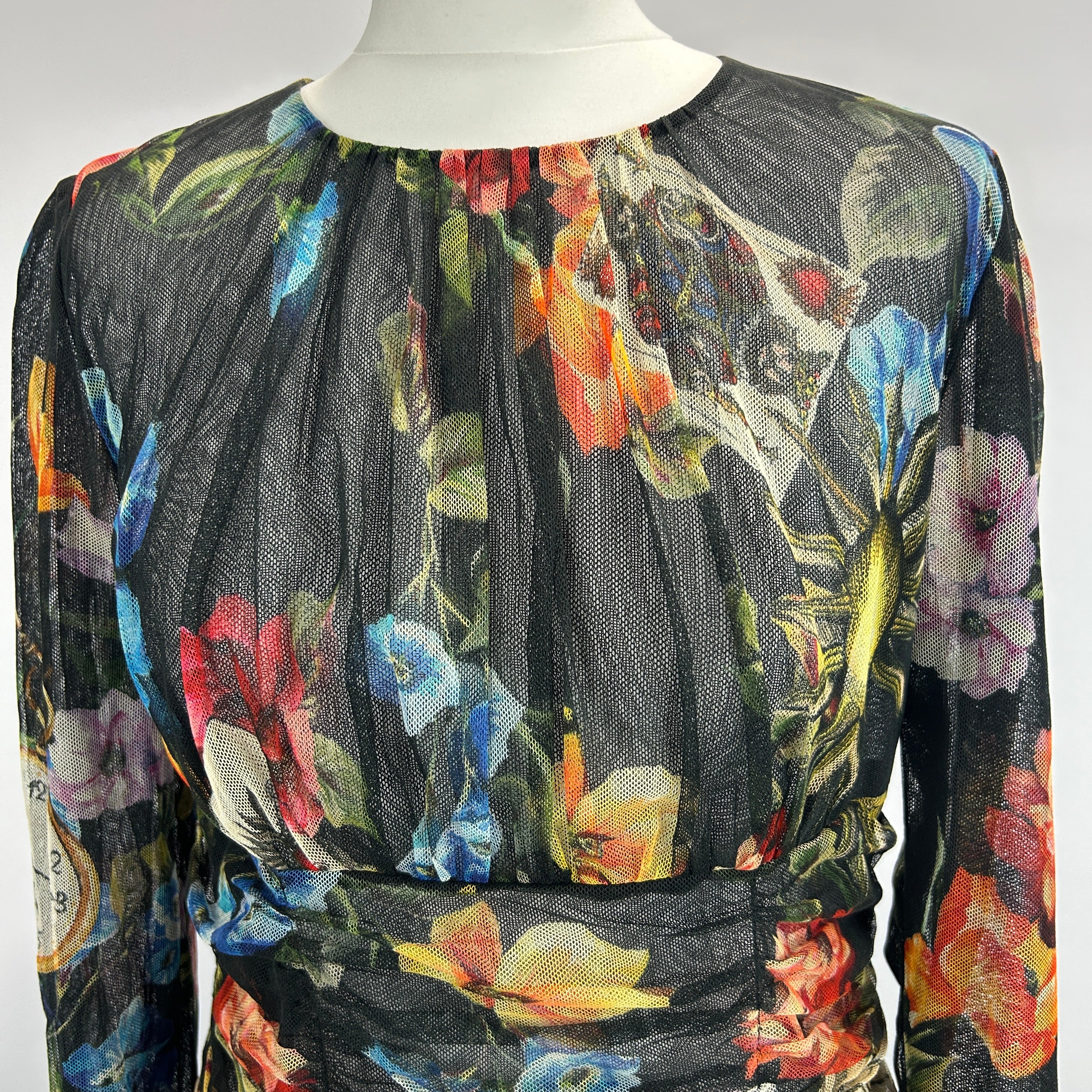 Dolce & Gabbana Black Floral Print Ruched Netting Dress L