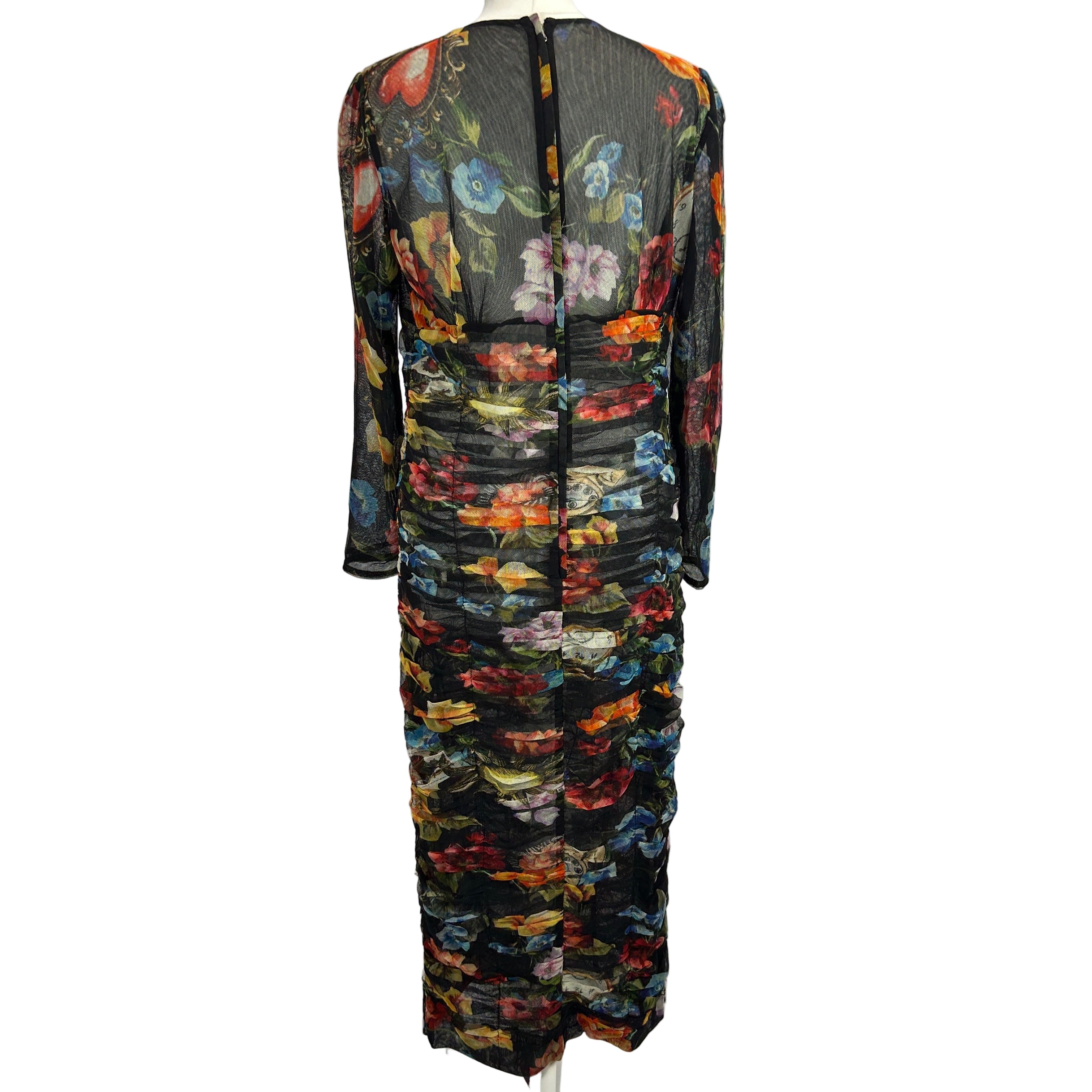 Dolce & Gabbana Black Floral Print Ruched Netting Dress L