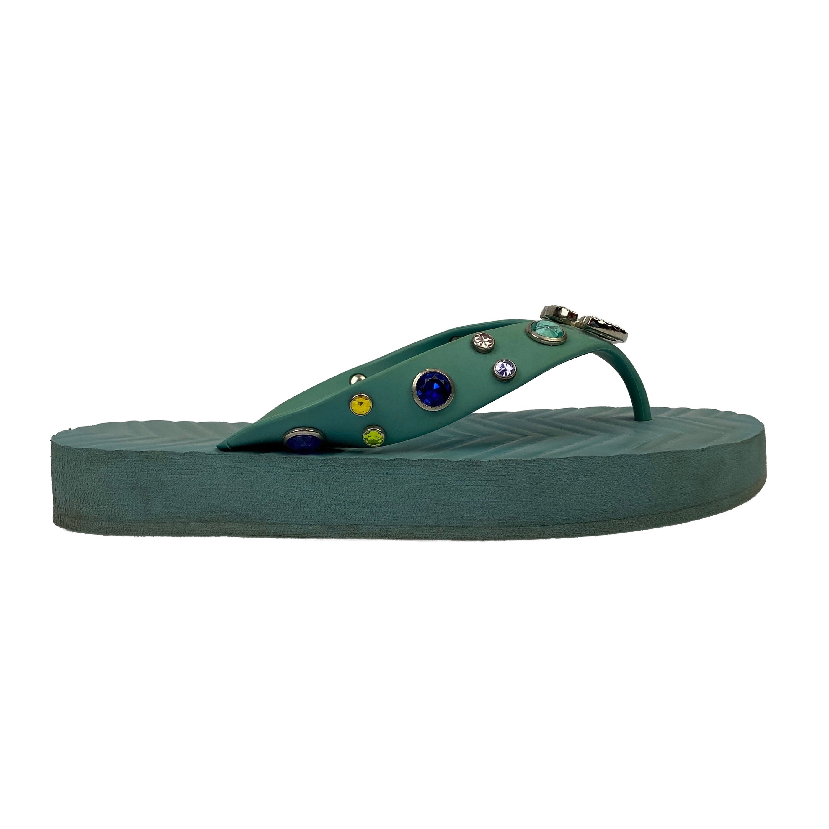 Gucci £485 Aqua Crystal Embellished Rubber FlipFlops 40