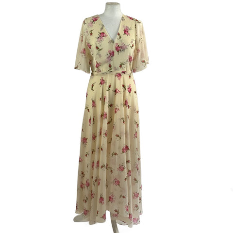 Maje Vanilla Rose Print Chiffon Cap Sleeve Maxi Dress S