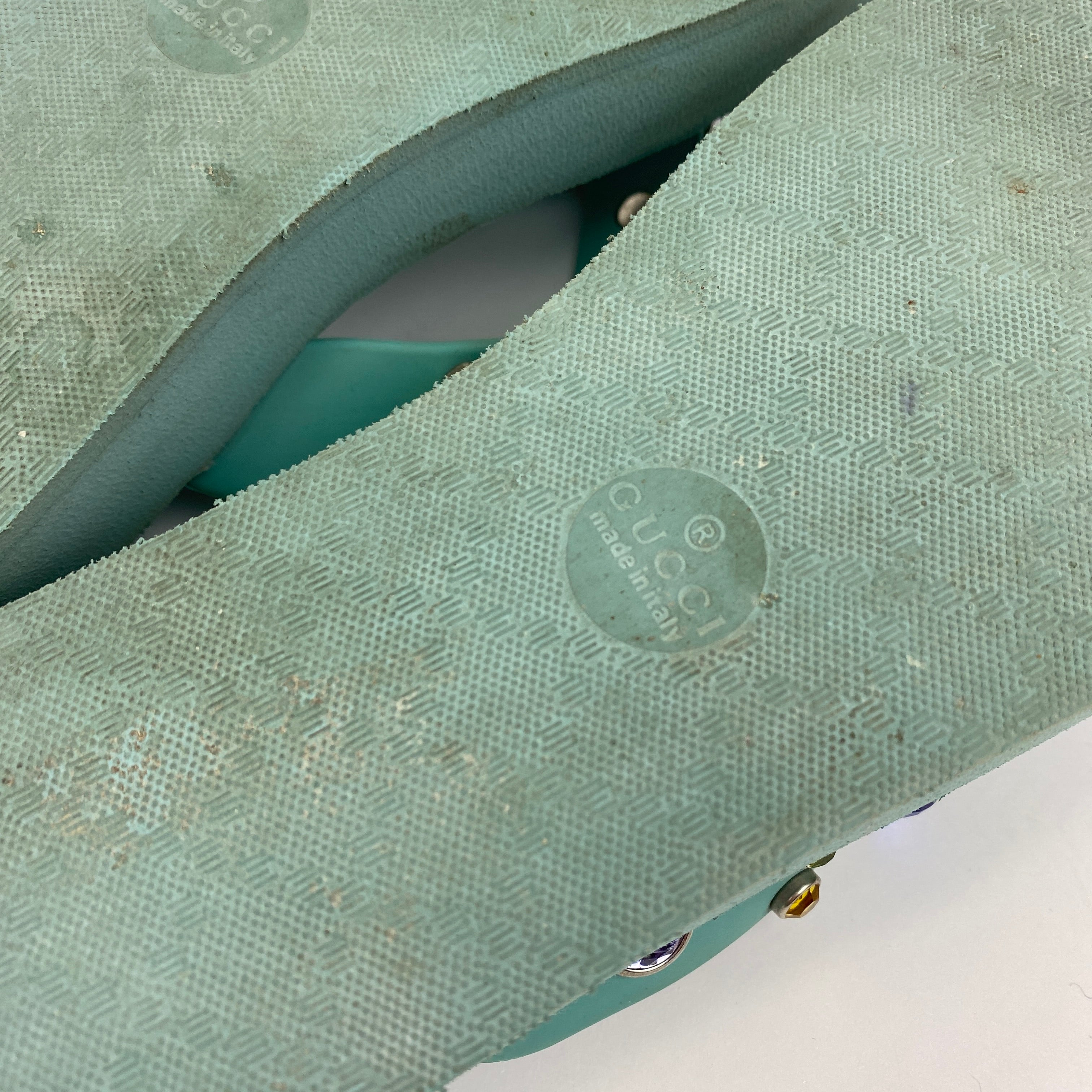 Gucci £485 Aqua Crystal Embellished Rubber FlipFlops 40