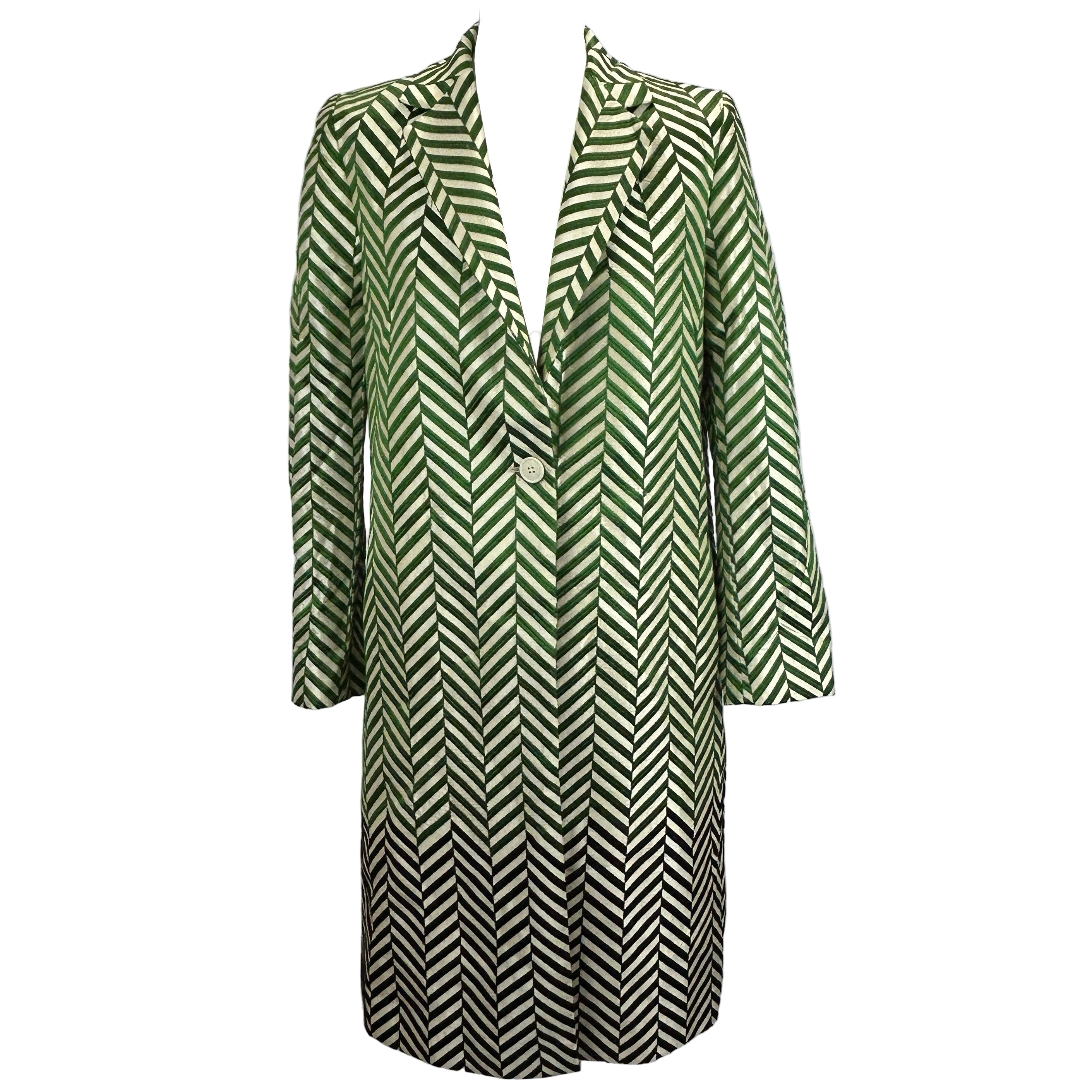 Dries Van Noten Emerald & Cream Chevron Silk Coat XXS
