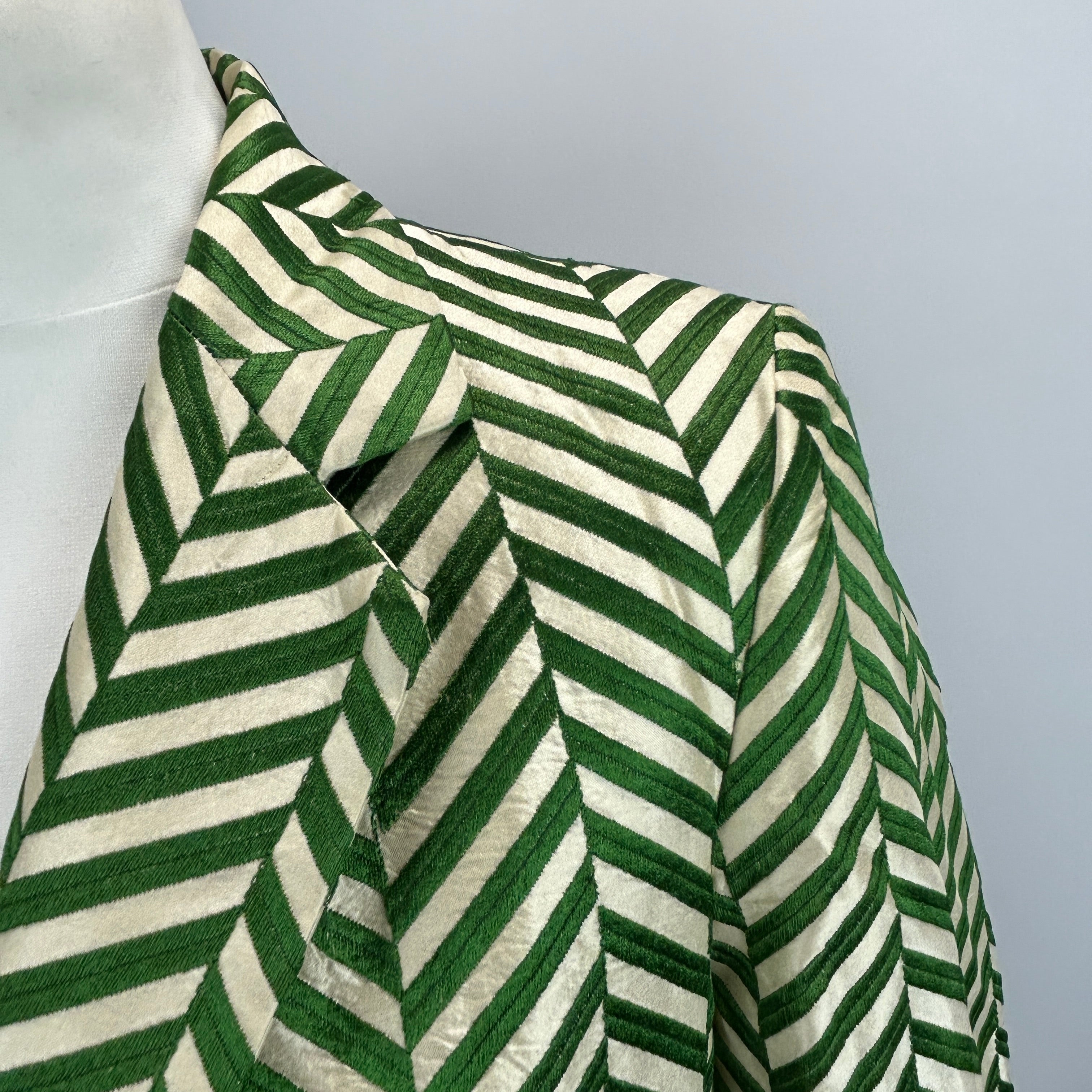 Dries Van Noten Emerald & Cream Chevron Silk Coat XXS