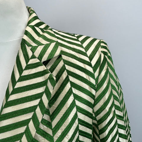 Dries Van Noten Emerald & Cream Chevron Silk Coat XXS