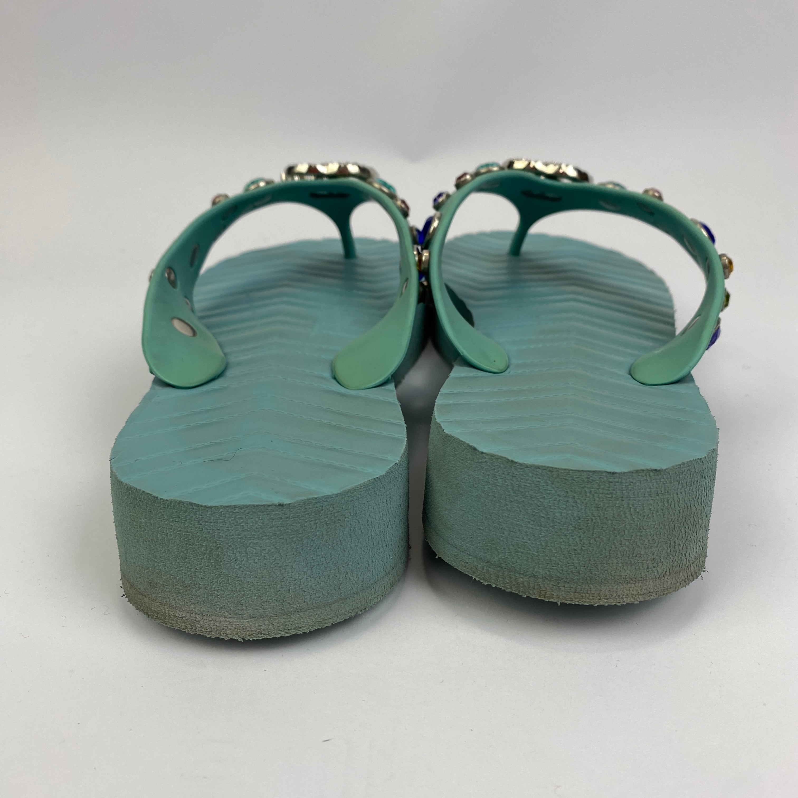 Gucci £485 Aqua Crystal Embellished Rubber FlipFlops 40