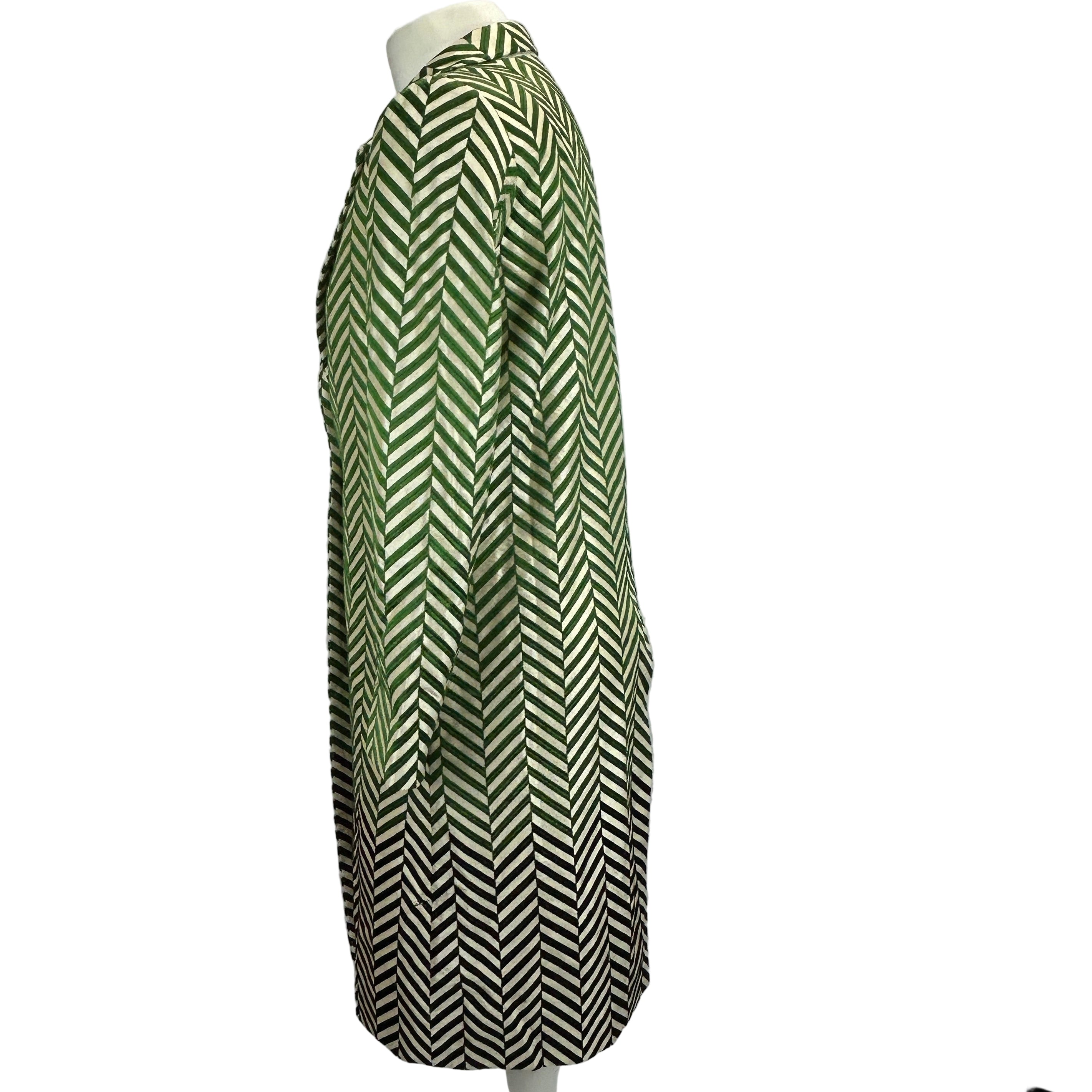 Dries Van Noten Emerald & Cream Chevron Silk Coat XXS