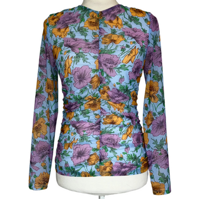 Veronica Beard Blue & Lilac Floral Print Ruched Top XS