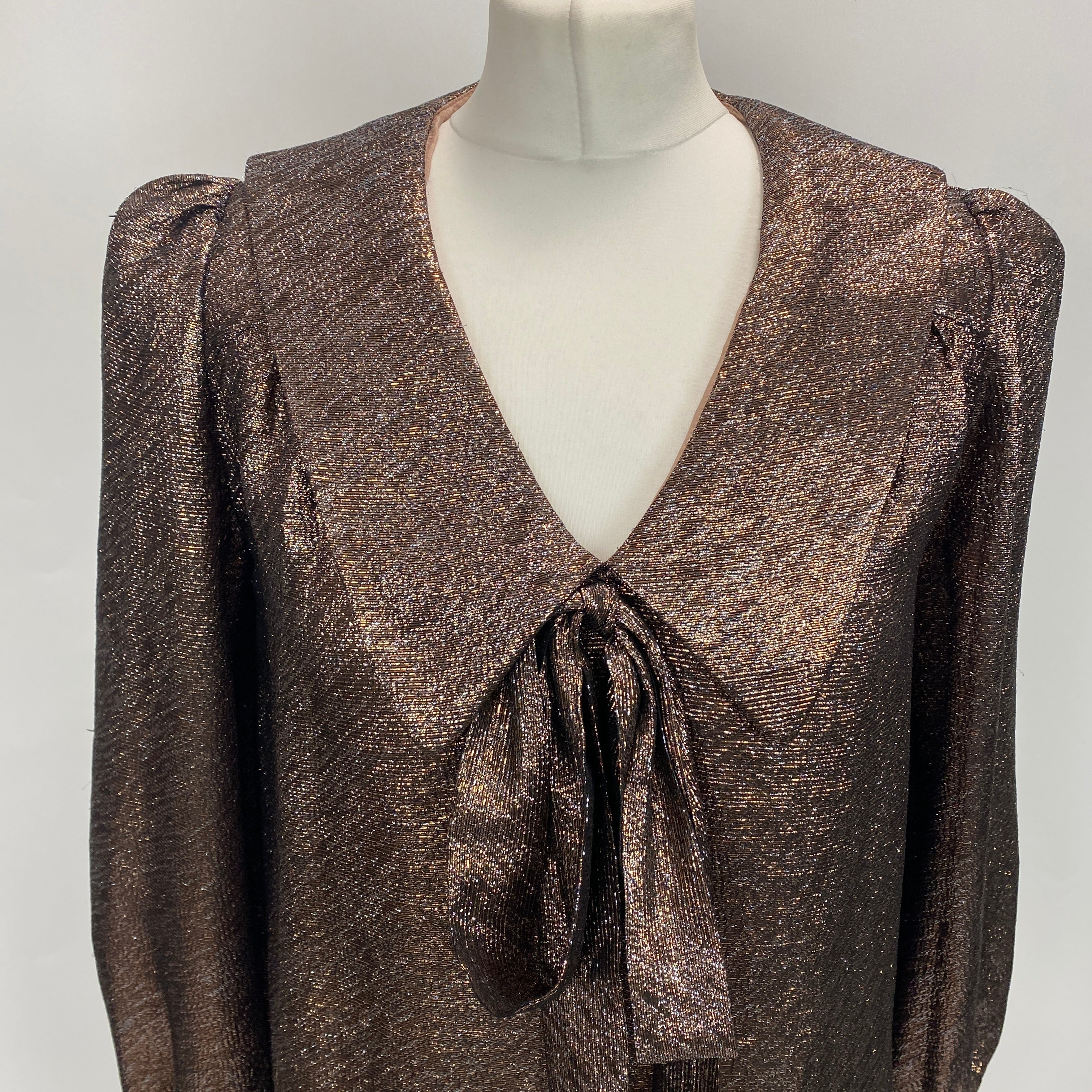 Anna Mason Bronze Metallic Pussybow Blouse M