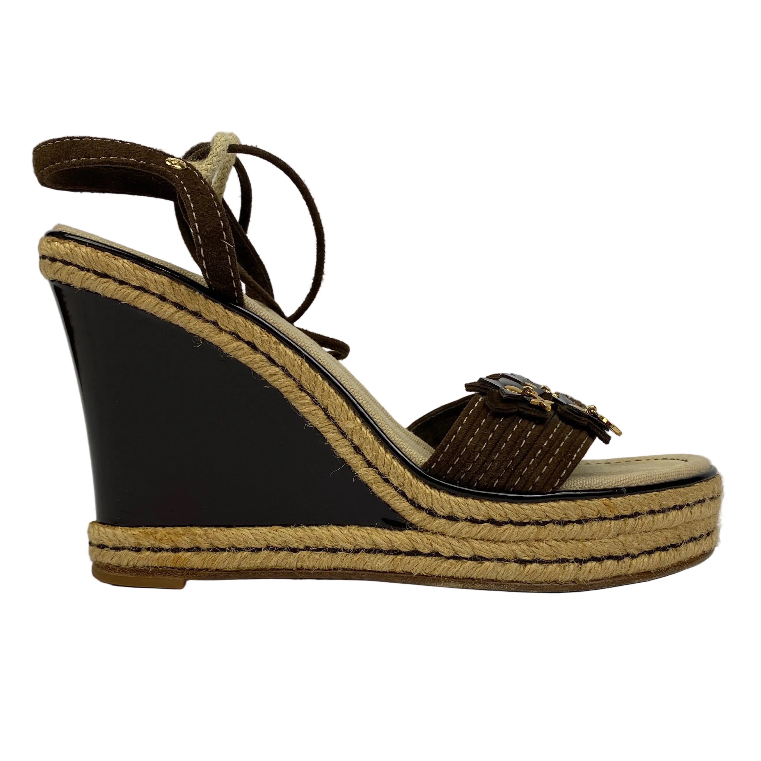 Louis Vuitton Brown Suede Logo Charm Espadrille Wedges 40