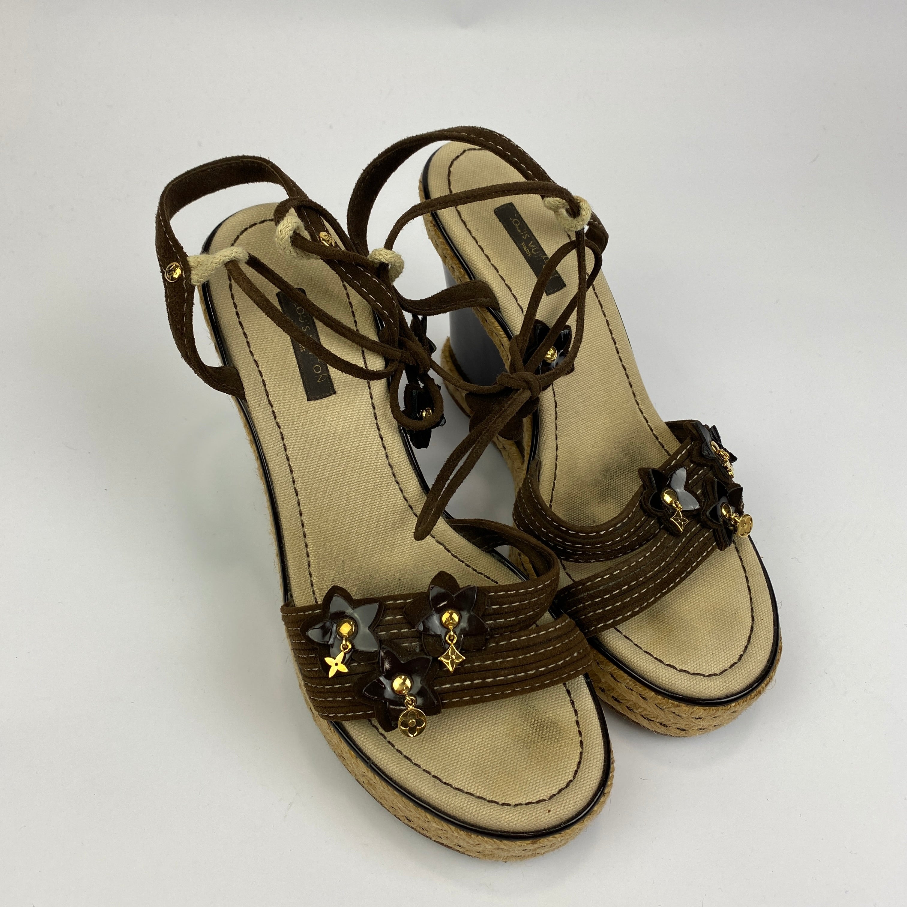 Louis Vuitton Brown Suede Logo Charm Espadrille Wedges 40