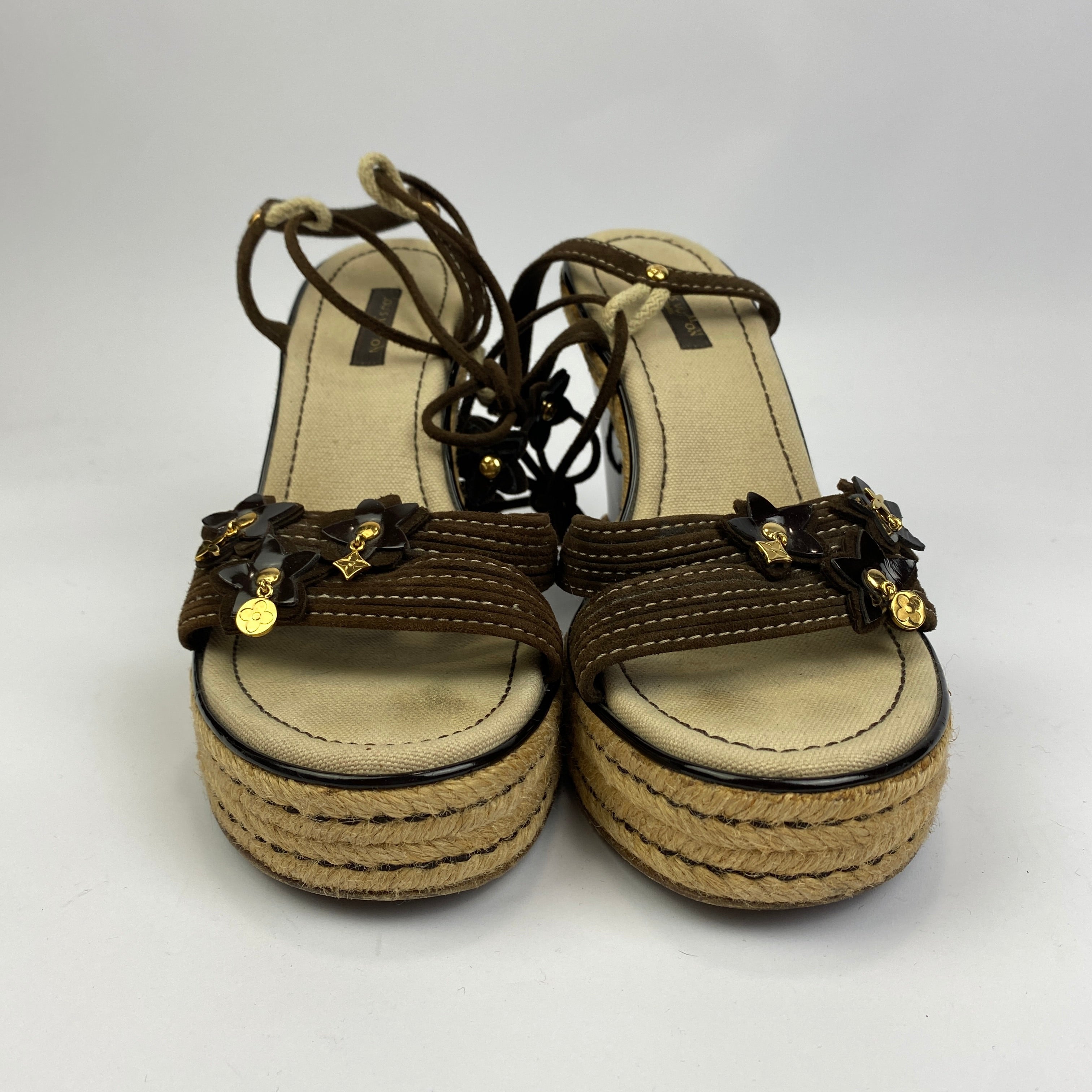 Louis Vuitton Brown Suede Logo Charm Espadrille Wedges 40