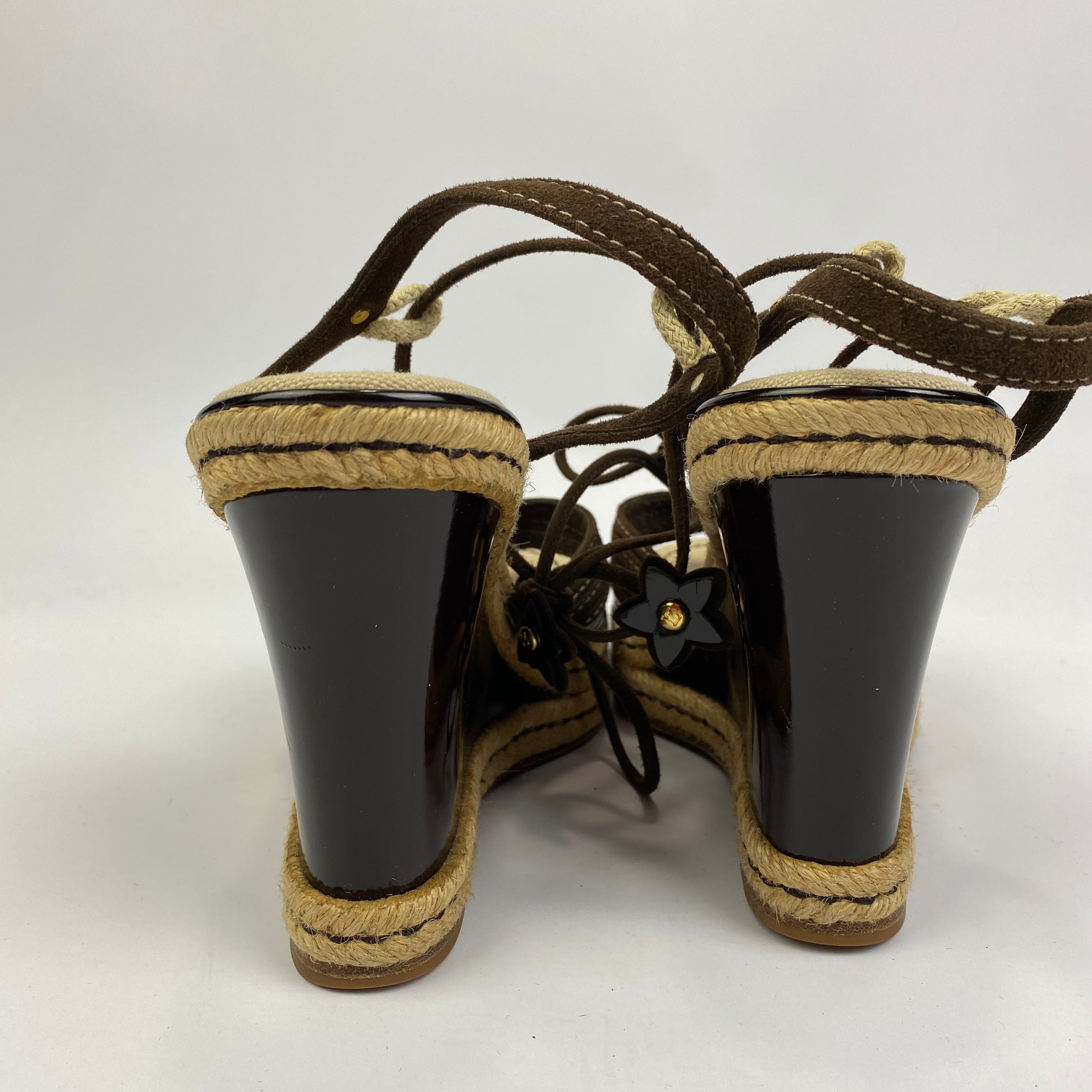 Louis Vuitton Brown Suede Logo Charm Espadrille Wedges 40