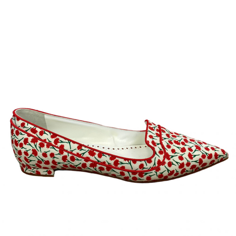 Manolo Blahnik £590 Red & Ivory Floral Flat Pumps 36