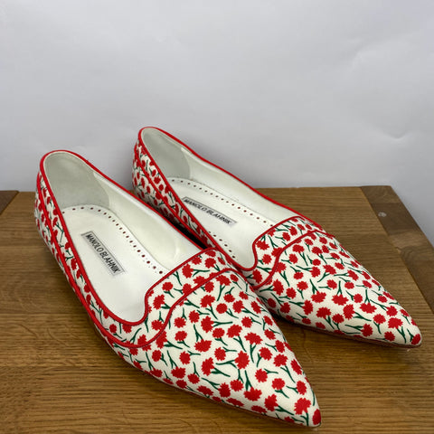 Manolo Blahnik £590 Red & Ivory Floral Flat Pumps 36