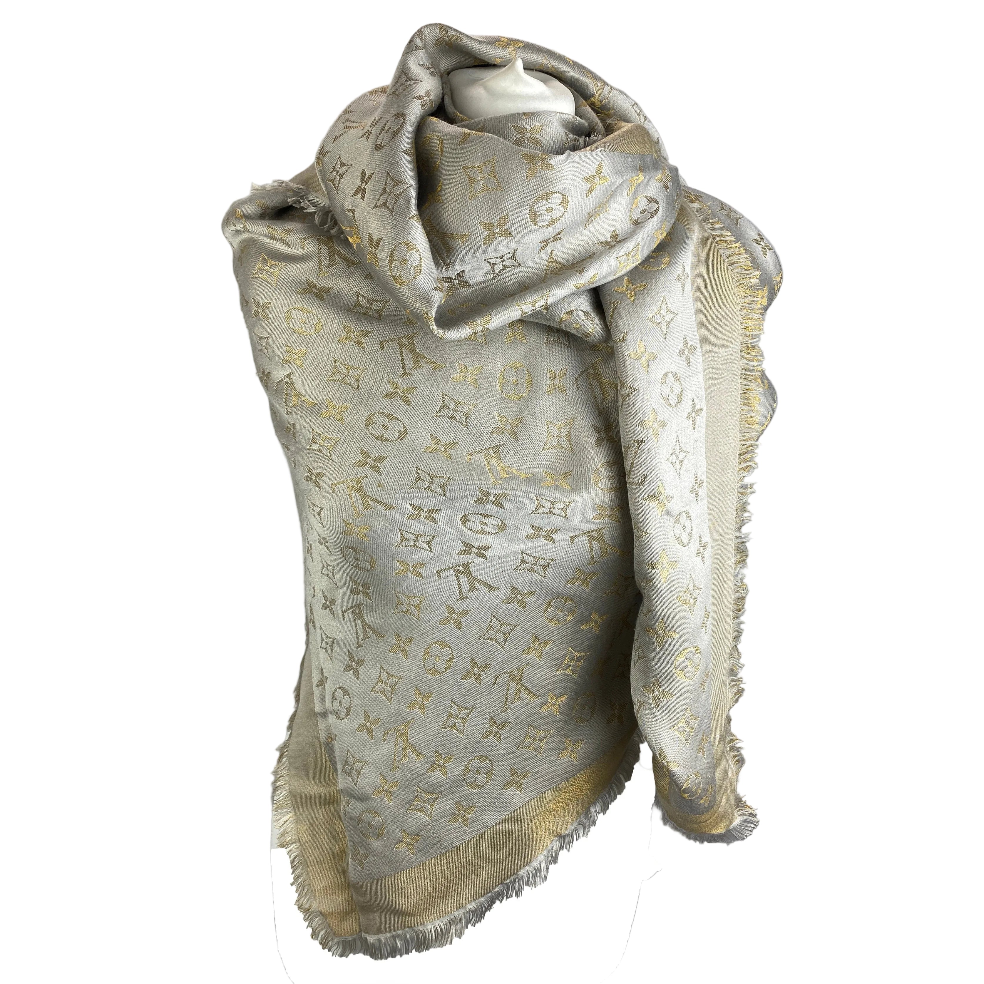 Louis Vuitton £475 Wool & Silk Pearl & Gold Monogram Shawl