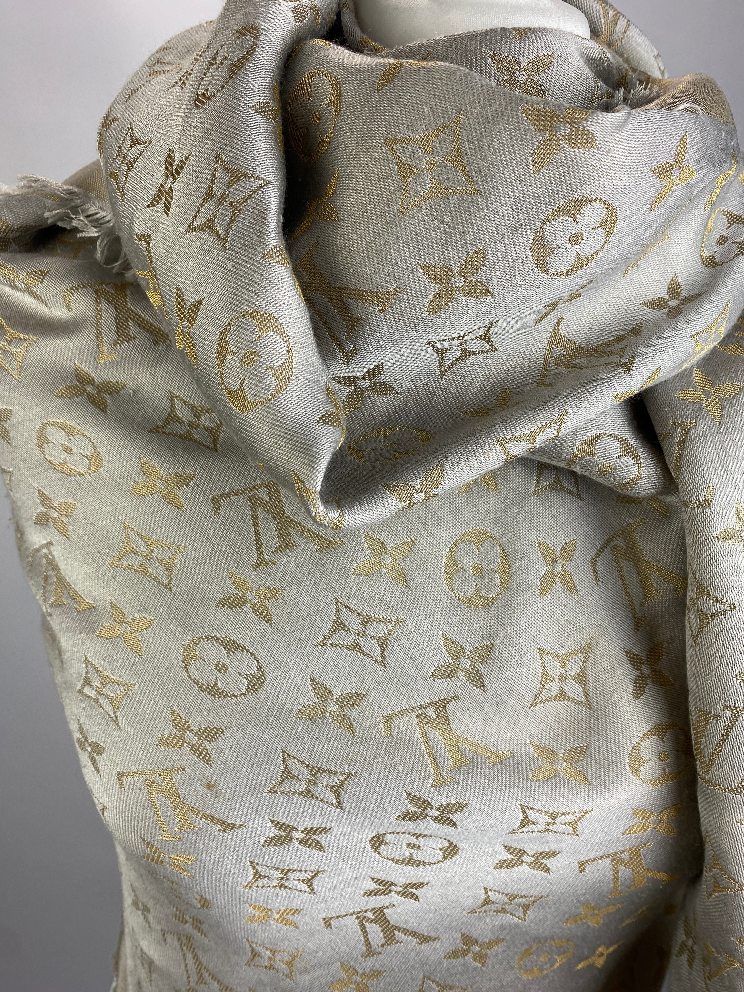 Louis Vuitton £475 Wool & Silk Pearl & Gold Monogram Shawl