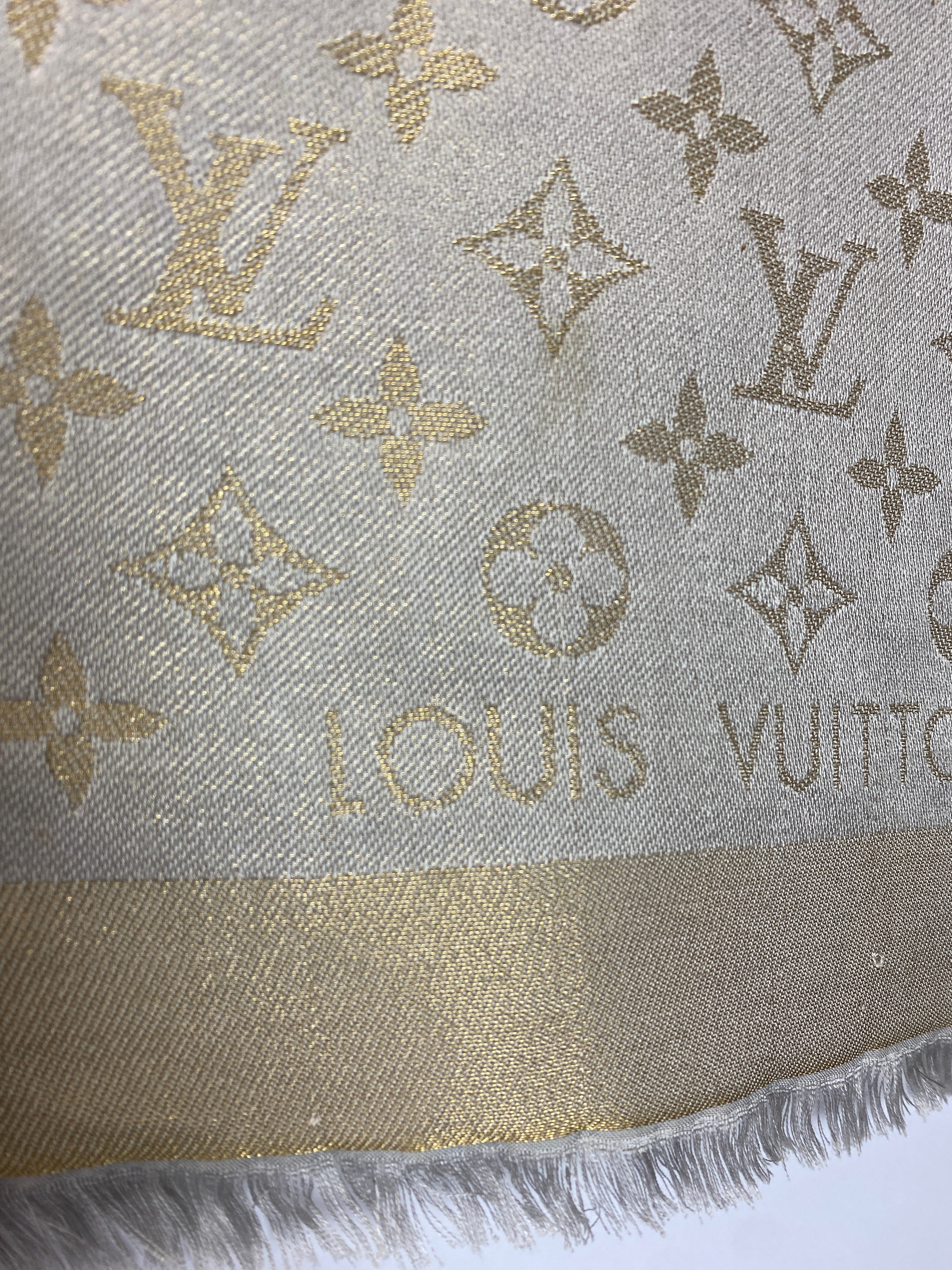 Louis Vuitton £475 Wool & Silk Pearl & Gold Monogram Shawl