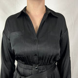 L'Agence Brand New Black Plisse Satin Maxi Shirtdress XXS/XS/S