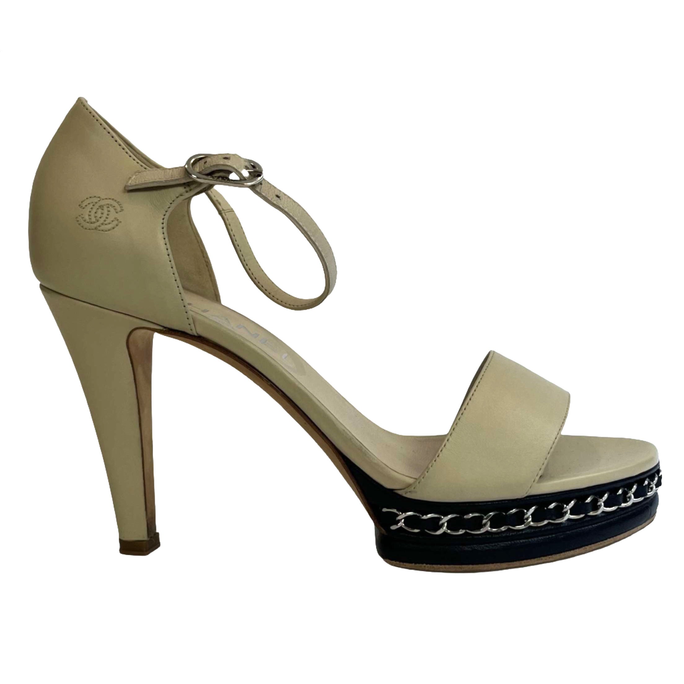 Chanel Cream Lambskin Chain Platform Sandals 38