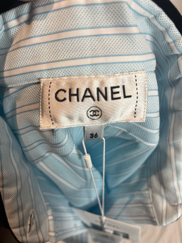 Chanel Brand New £2790 Blue Stripe Cotton Shirt with Velvet Collar XS