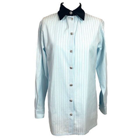 Chanel Brand New £2790 Blue Stripe Cotton Shirt with Velvet Collar XS