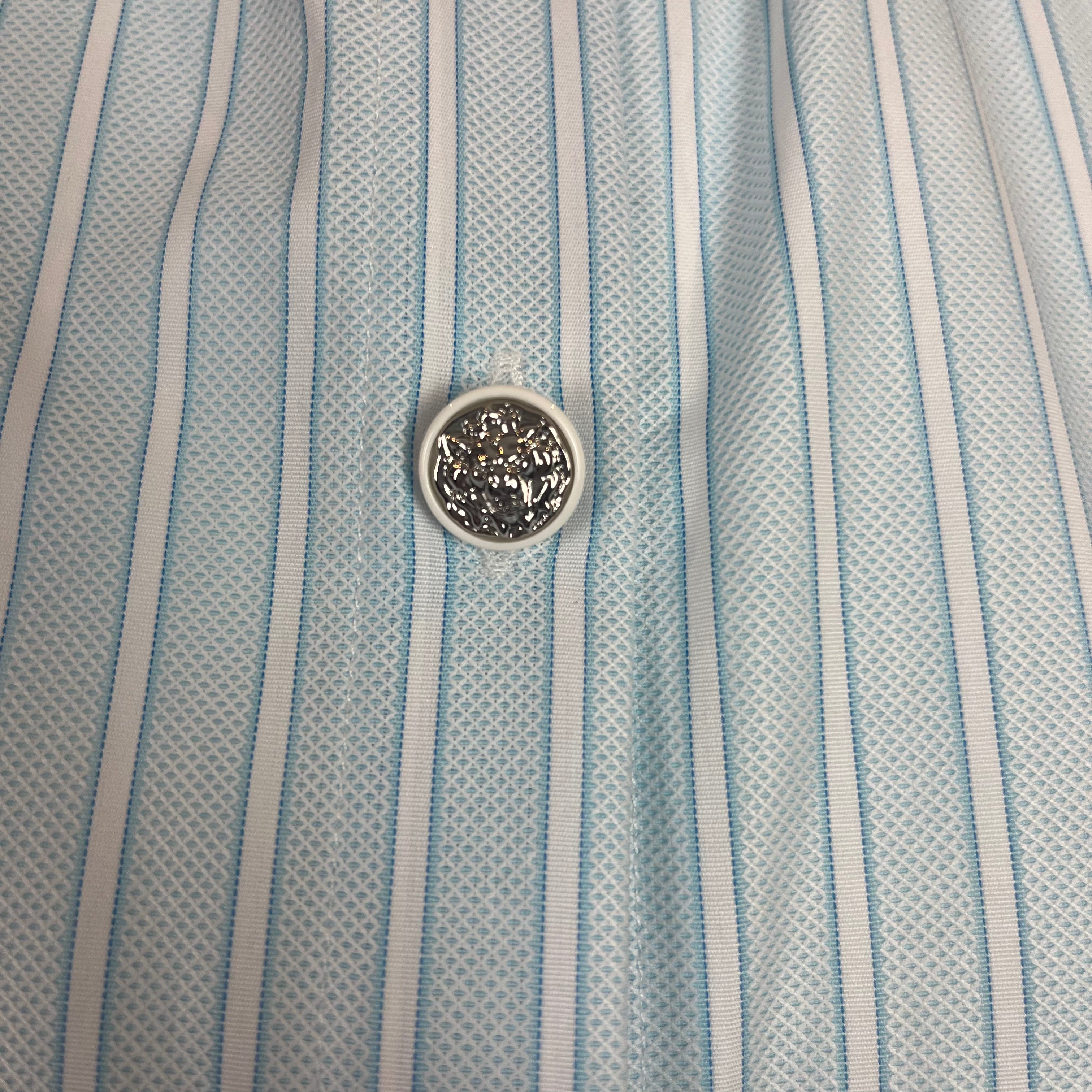 Chanel Brand New £2790 Blue Stripe Cotton Shirt with Velvet Collar XS