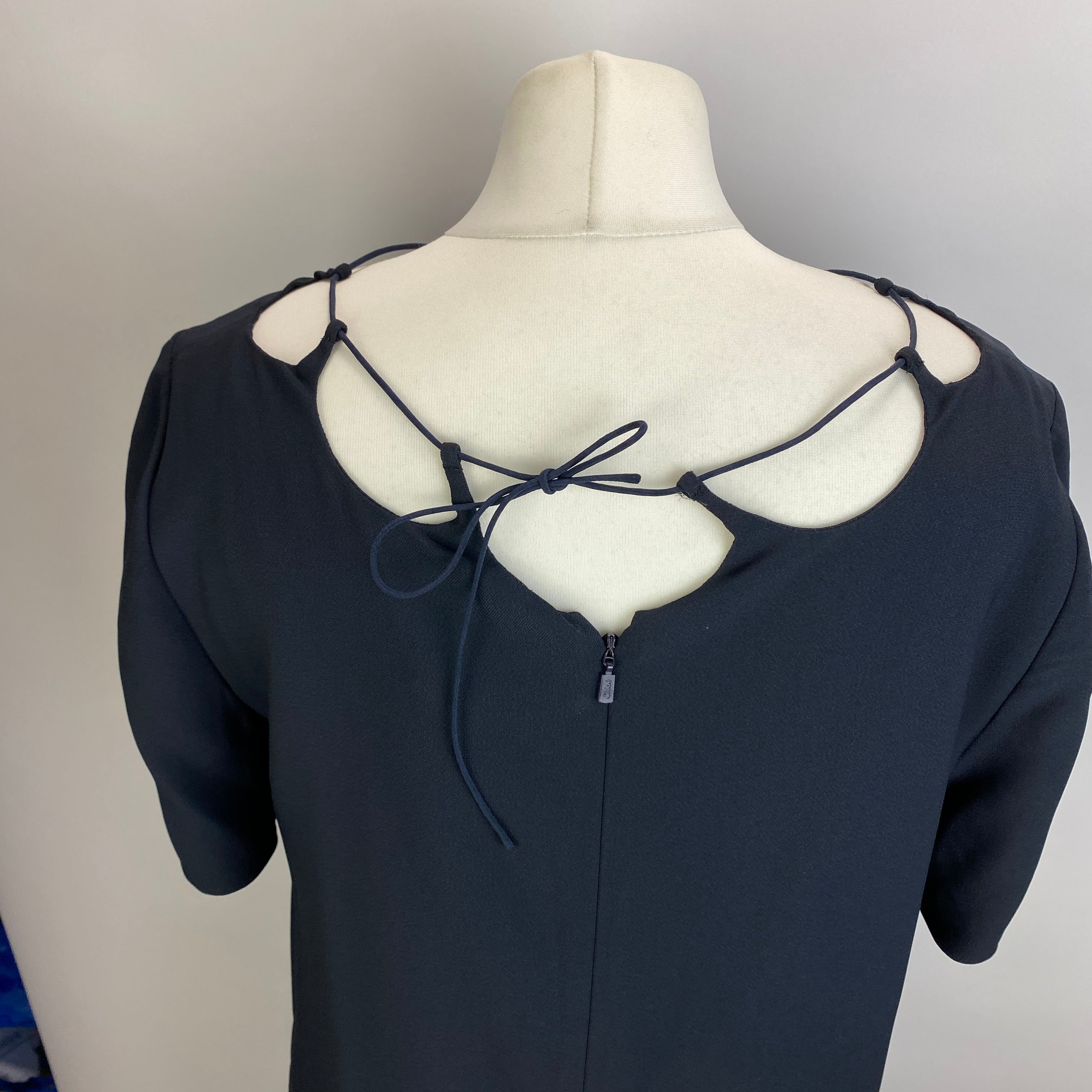 Chloe New Navy Crepe Shoestring Neck Tunic Dress L