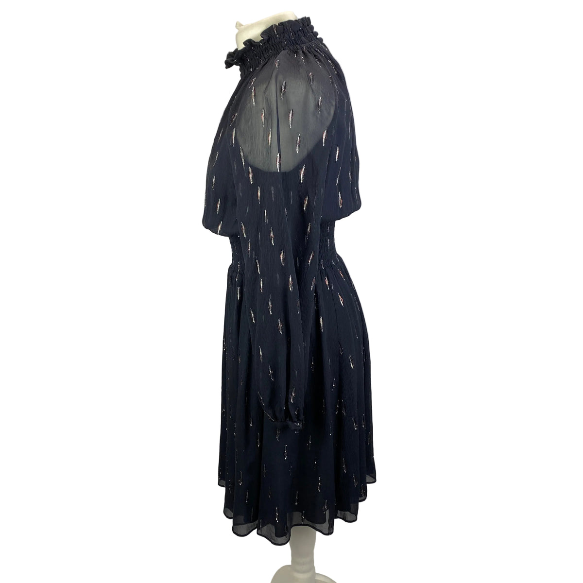 Rebecca Taylor Navy & Metallic Tufted Silk Shirred Midi Dress XS