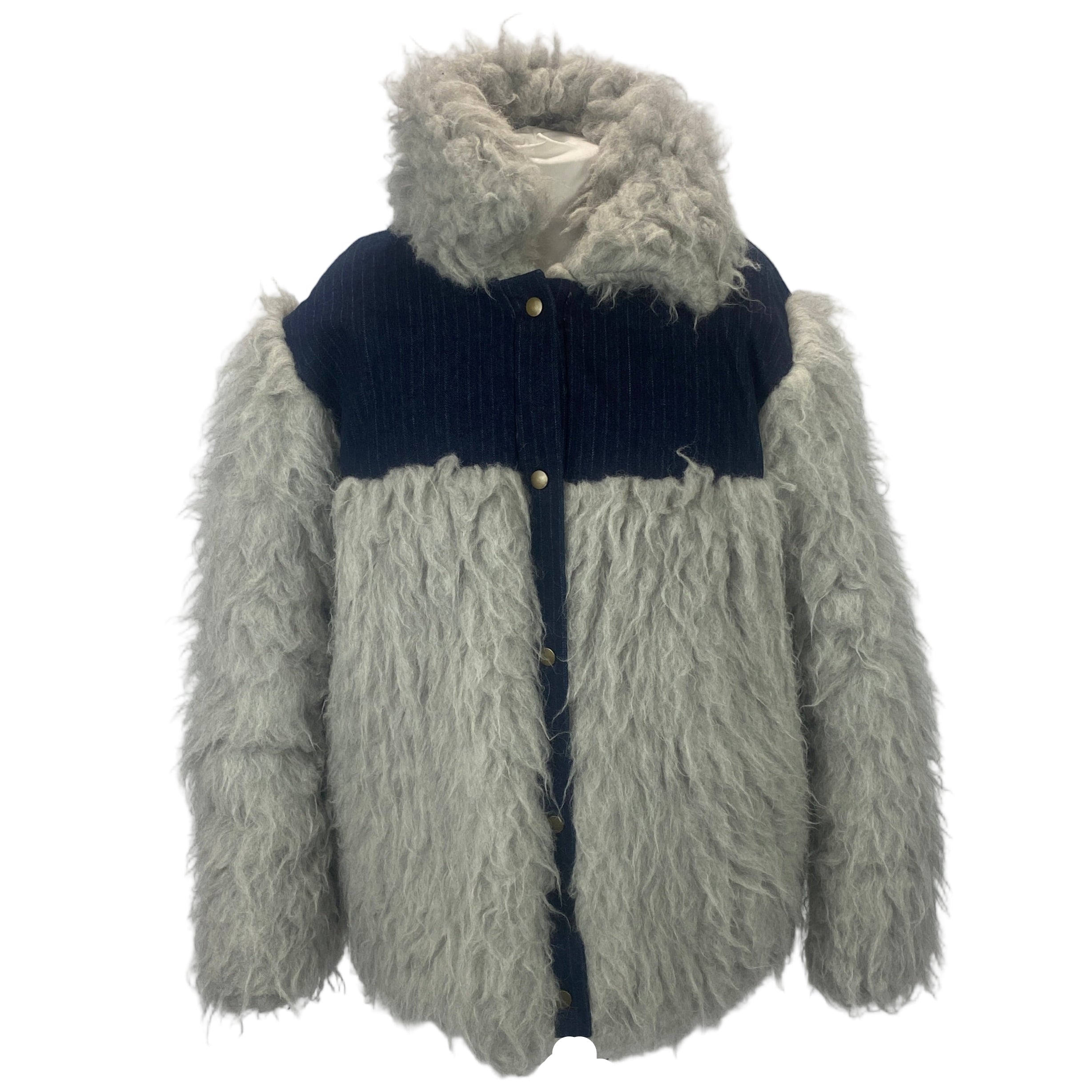 Gunda Hafner Grey Shaggy Wool & Blue Pinstripe Jacket M/L