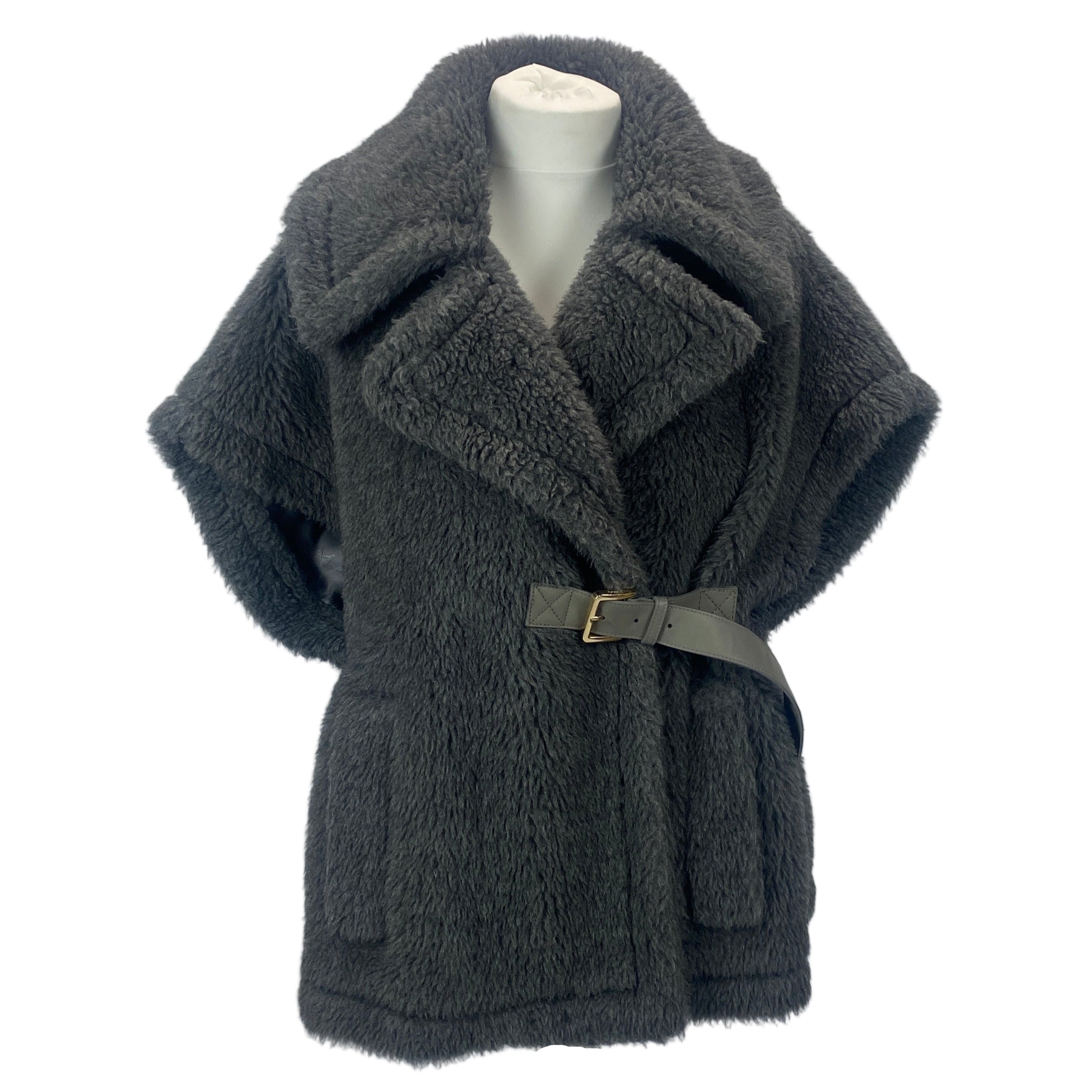 Max Mara £1200 Grey Alpaca & Cashmere Teddy Gilet Cape S/M
