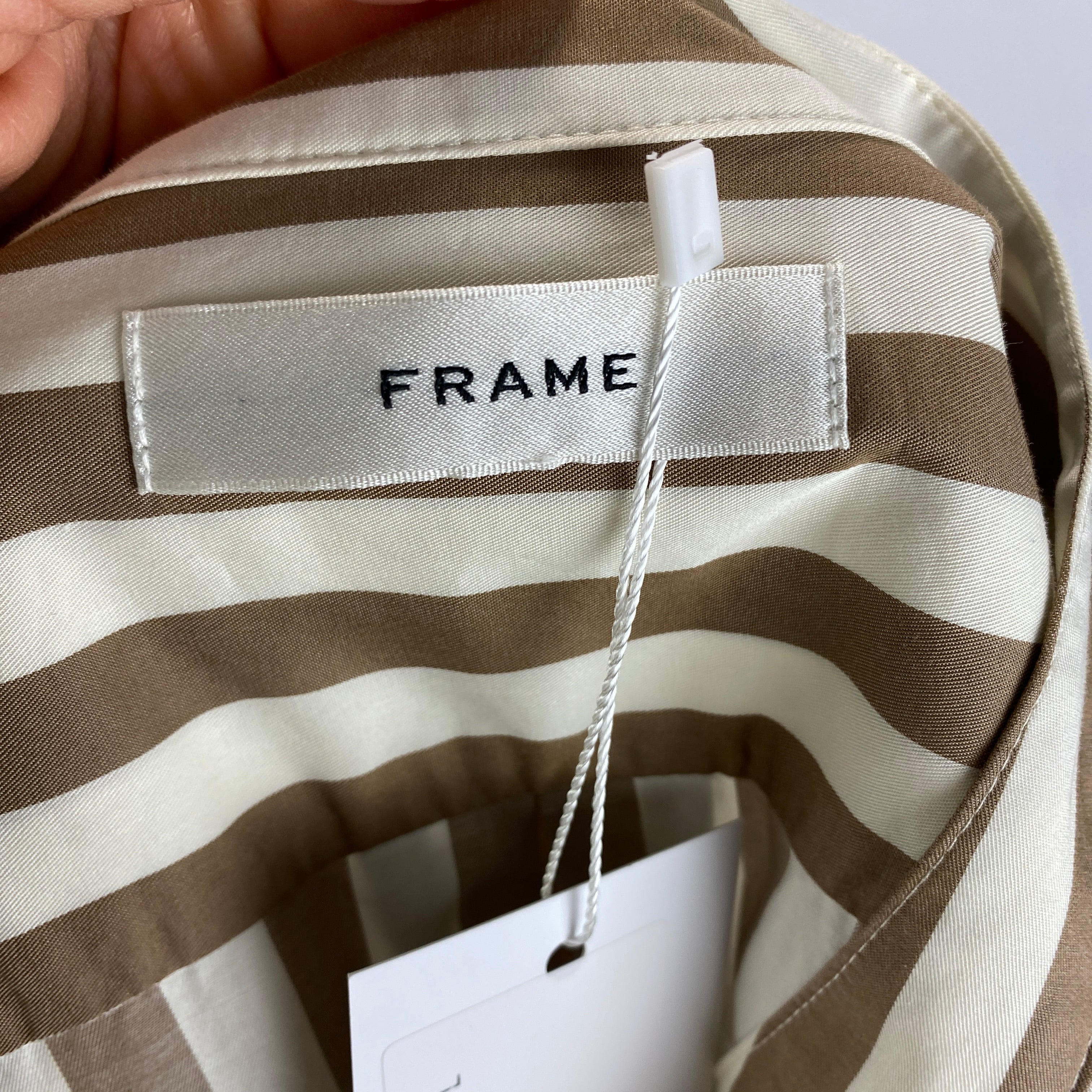 Frame Taupe Stripe Cotton Collarless Shirt L