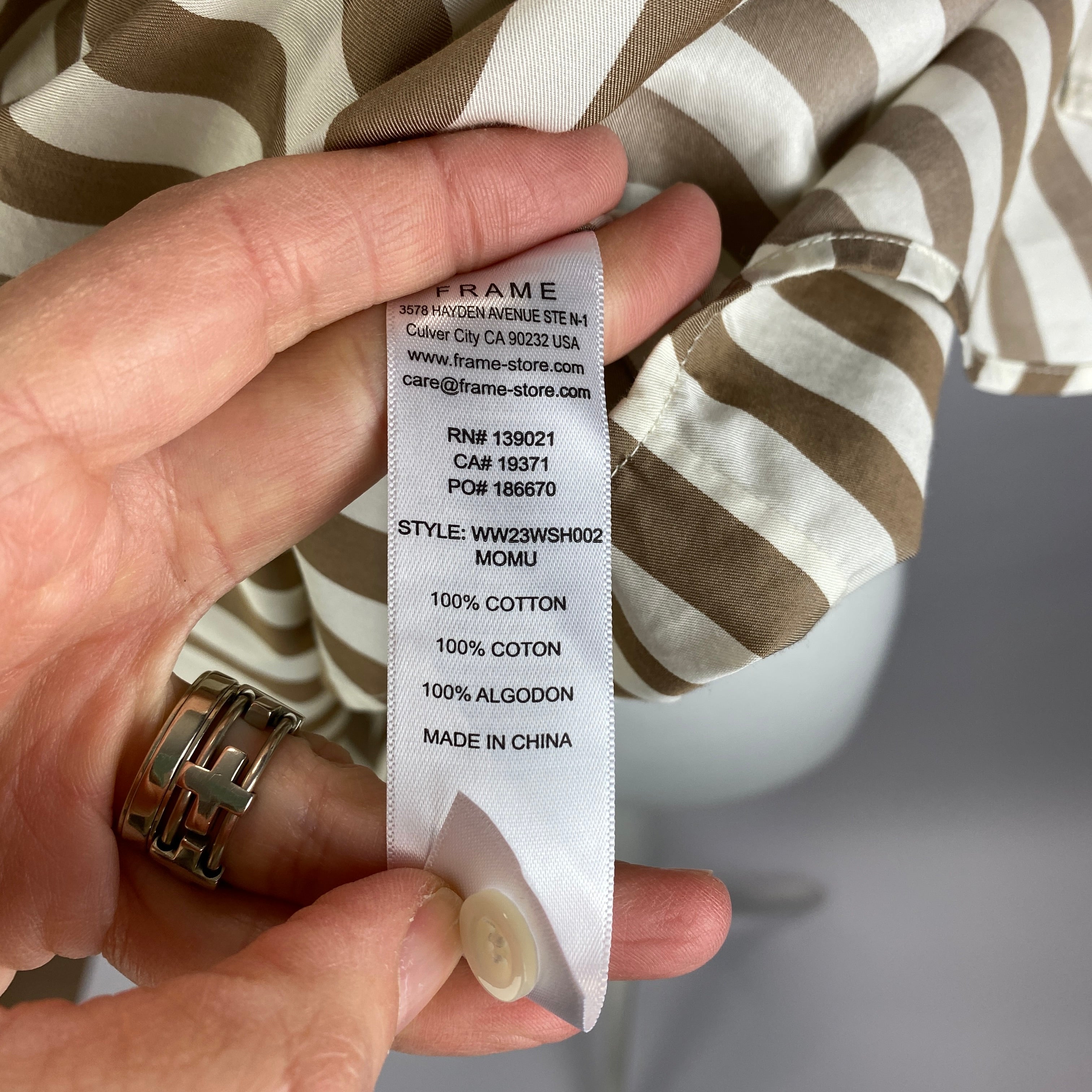 Frame Taupe Stripe Cotton Collarless Shirt L