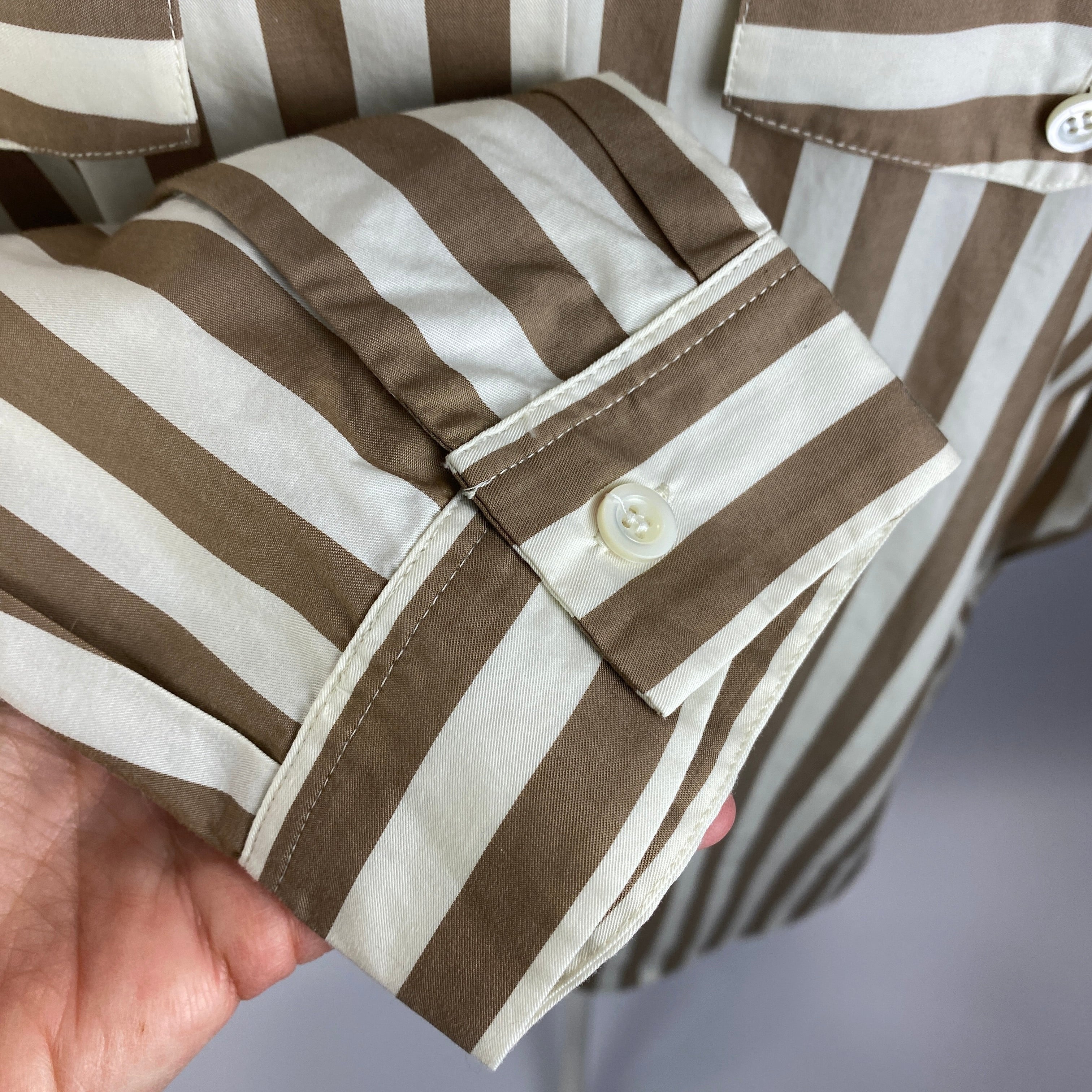 Frame Taupe Stripe Cotton Collarless Shirt L