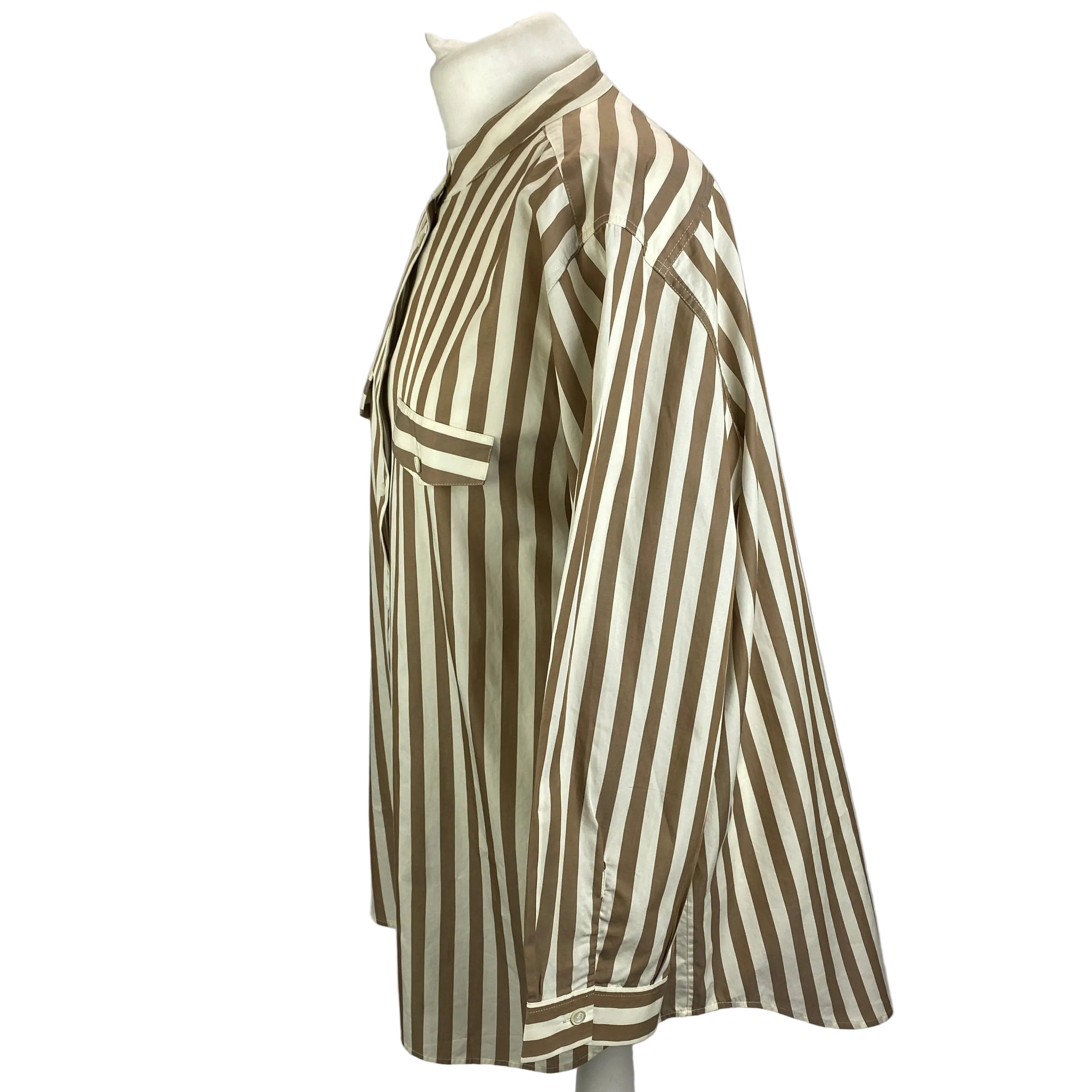 Frame Taupe Stripe Cotton Collarless Shirt L