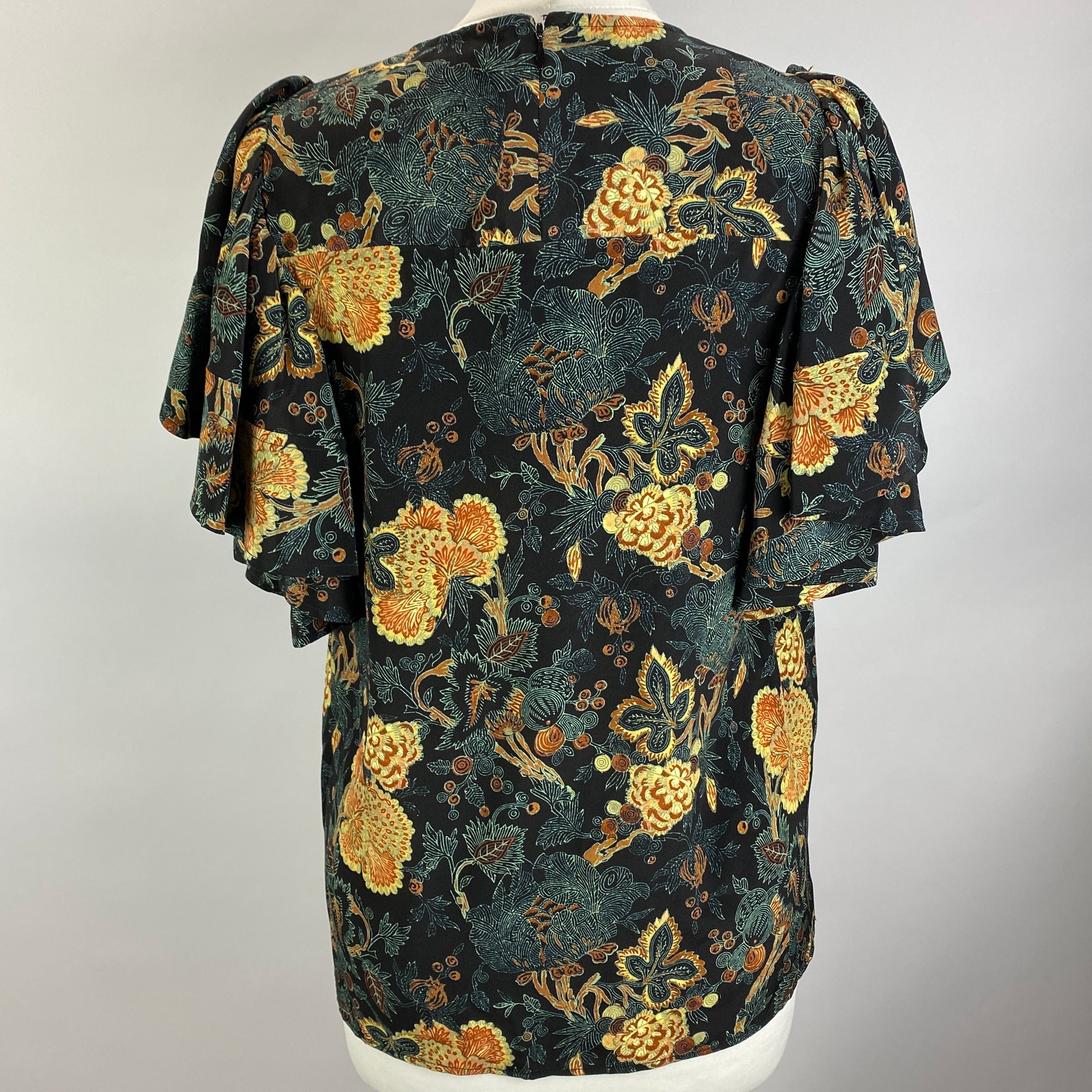 Ulla Johnson Black & Lime Floral Silk Ruffle Sleeve Blouse M