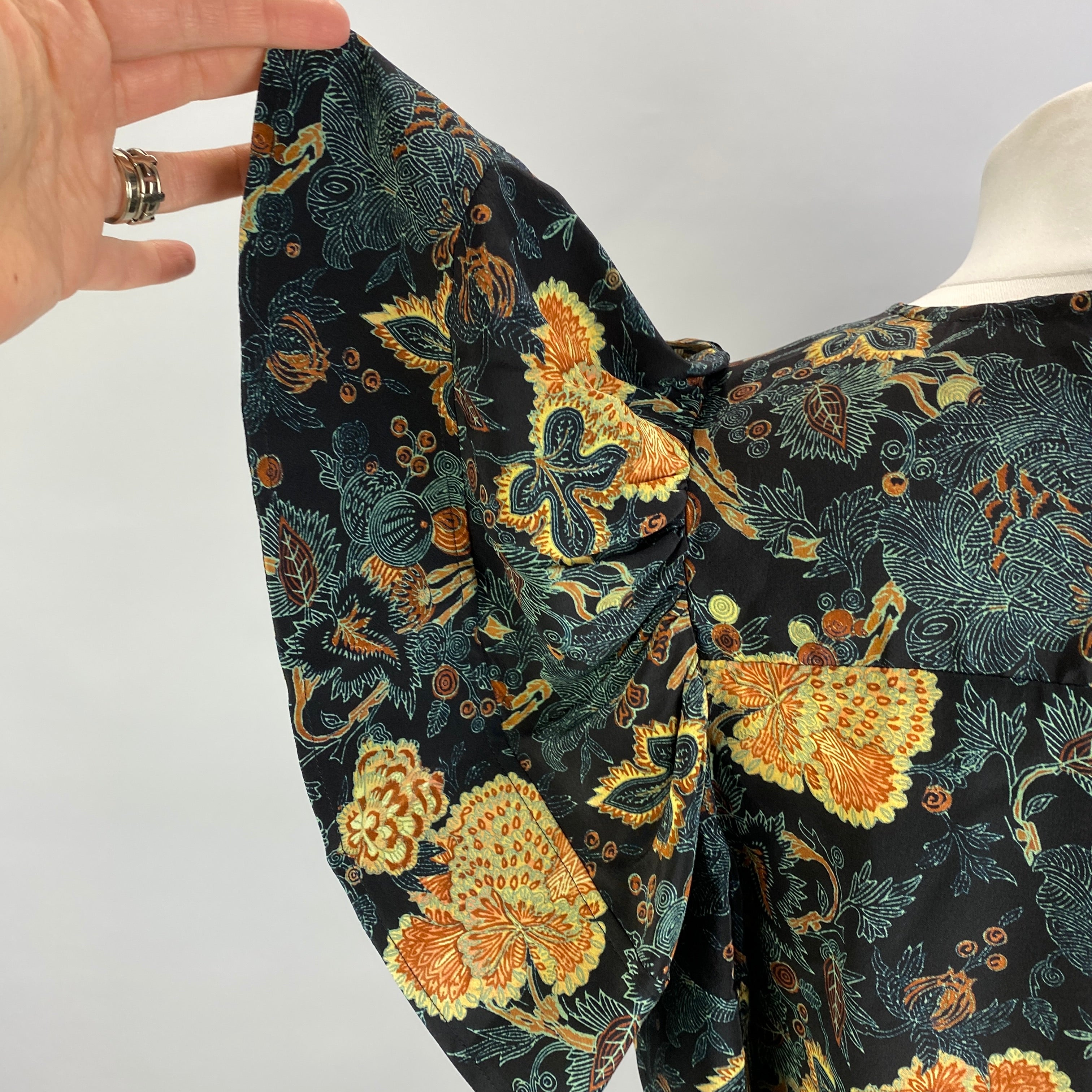Ulla Johnson Black & Lime Floral Silk Ruffle Sleeve Blouse M