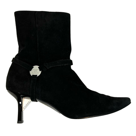 Chanel Black Suede Mid Heel Ankle Boots 38.5